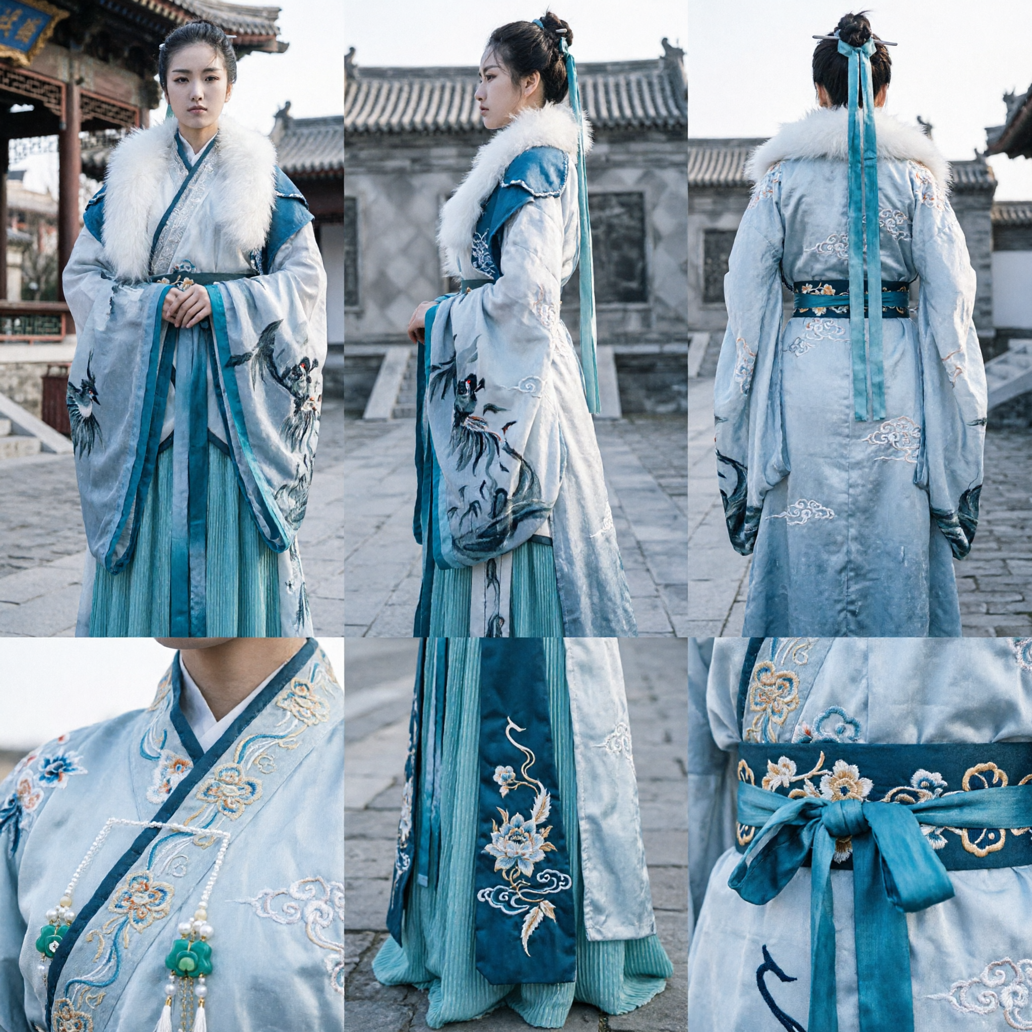 Traje Hanfu chino tradicional de invierno, vestido azul con cuello de piel blanca, atuendo de espadachina antigua para mujeres - Asian Costume