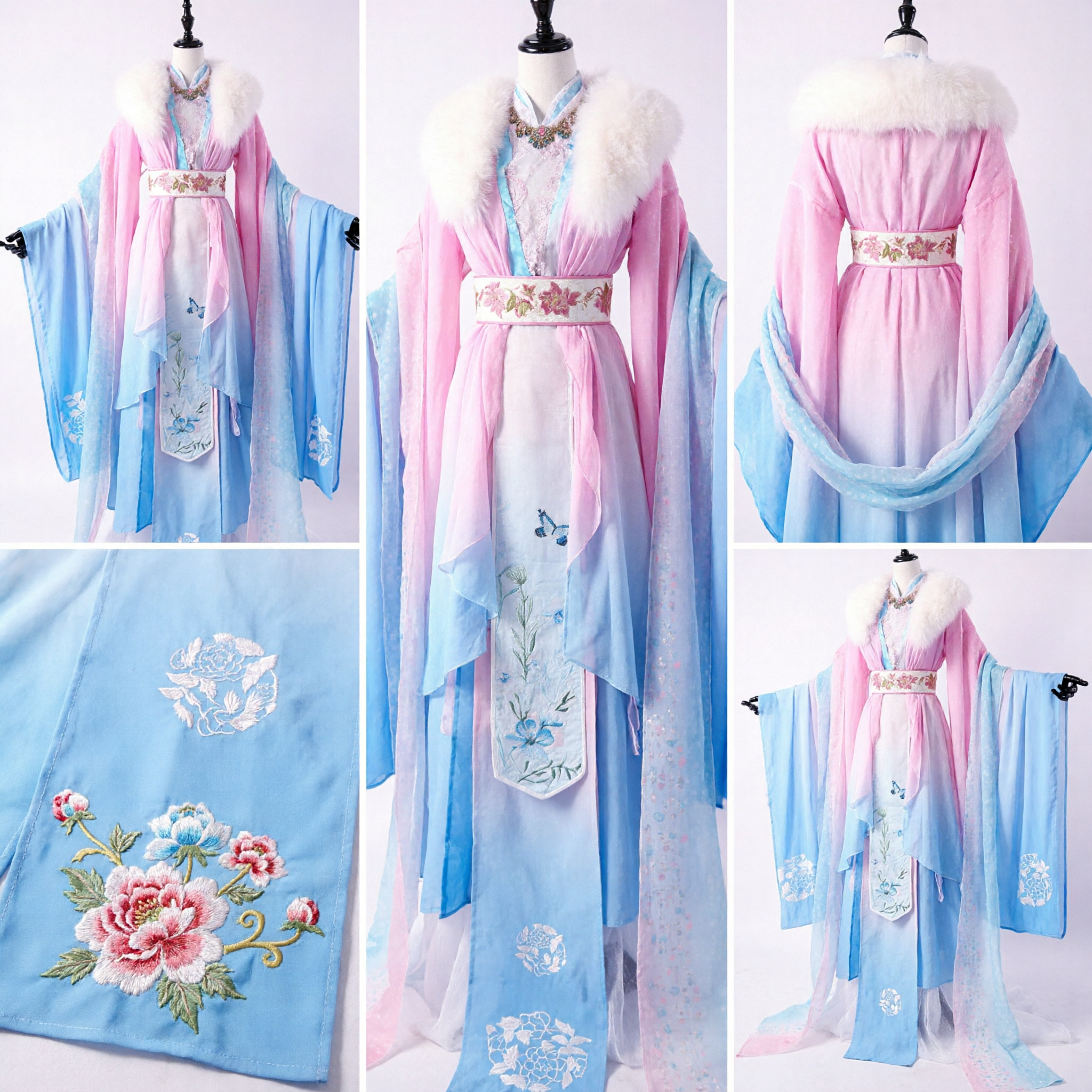 Traje Hanfu Chinês Elegante Rosa e Azul com Gola de Pele e Bordado para Cosplay Feminino - Asian Costume