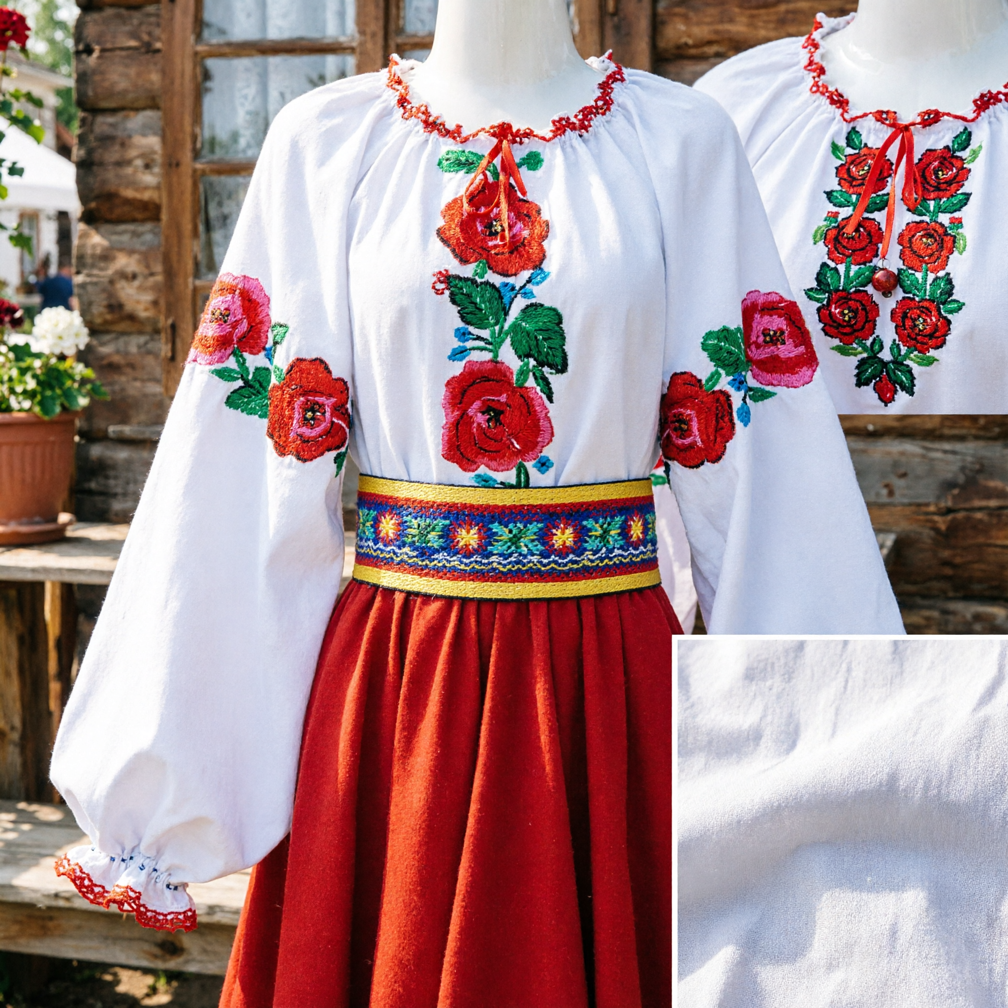 Traditionelles Volkstanzkostüm für Frauen Weiße Bluse mit roter Rosenstickerei und langer roter Rock-Set - Asian Costume