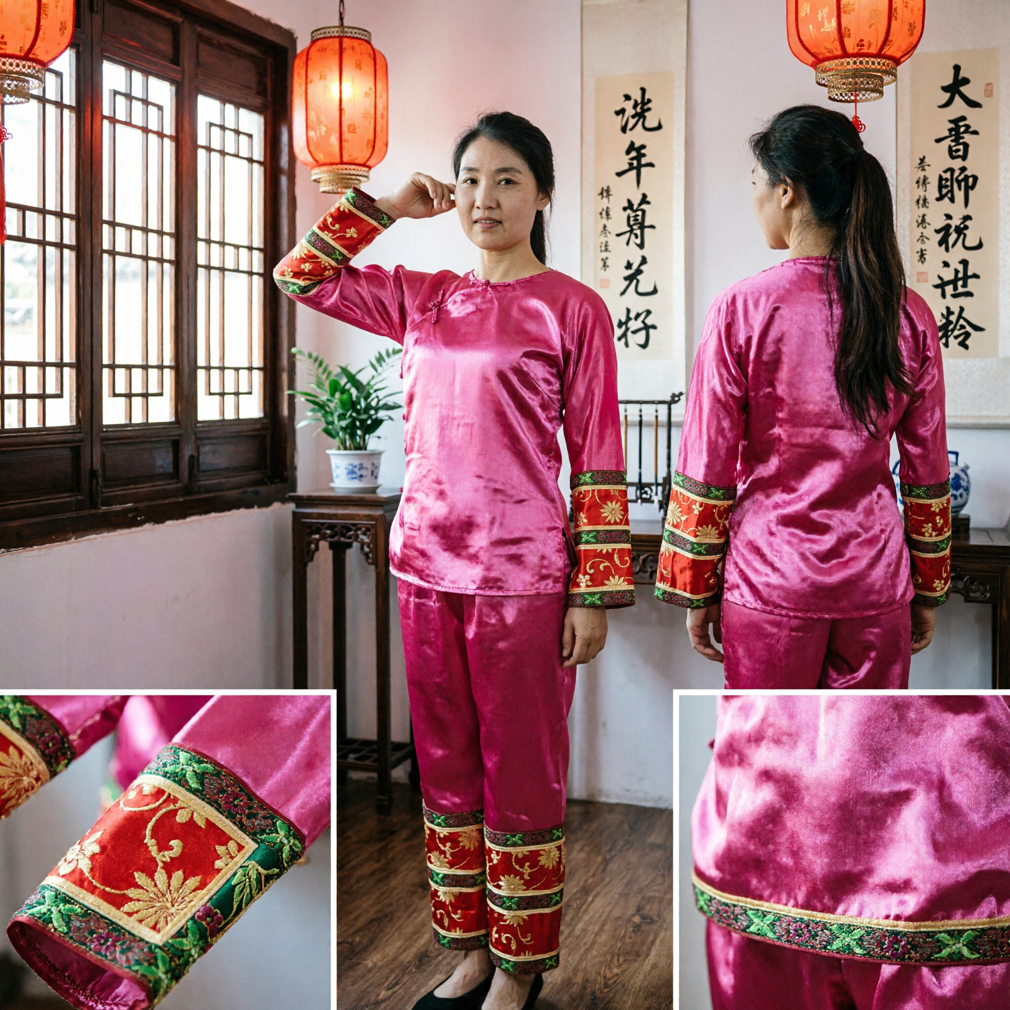 Conjunto de Pijama de Cetim de Seda Tradicional Chinês para Mulheres, Sleepwear Tang Rosa Choque com Bordado - Asian Costume