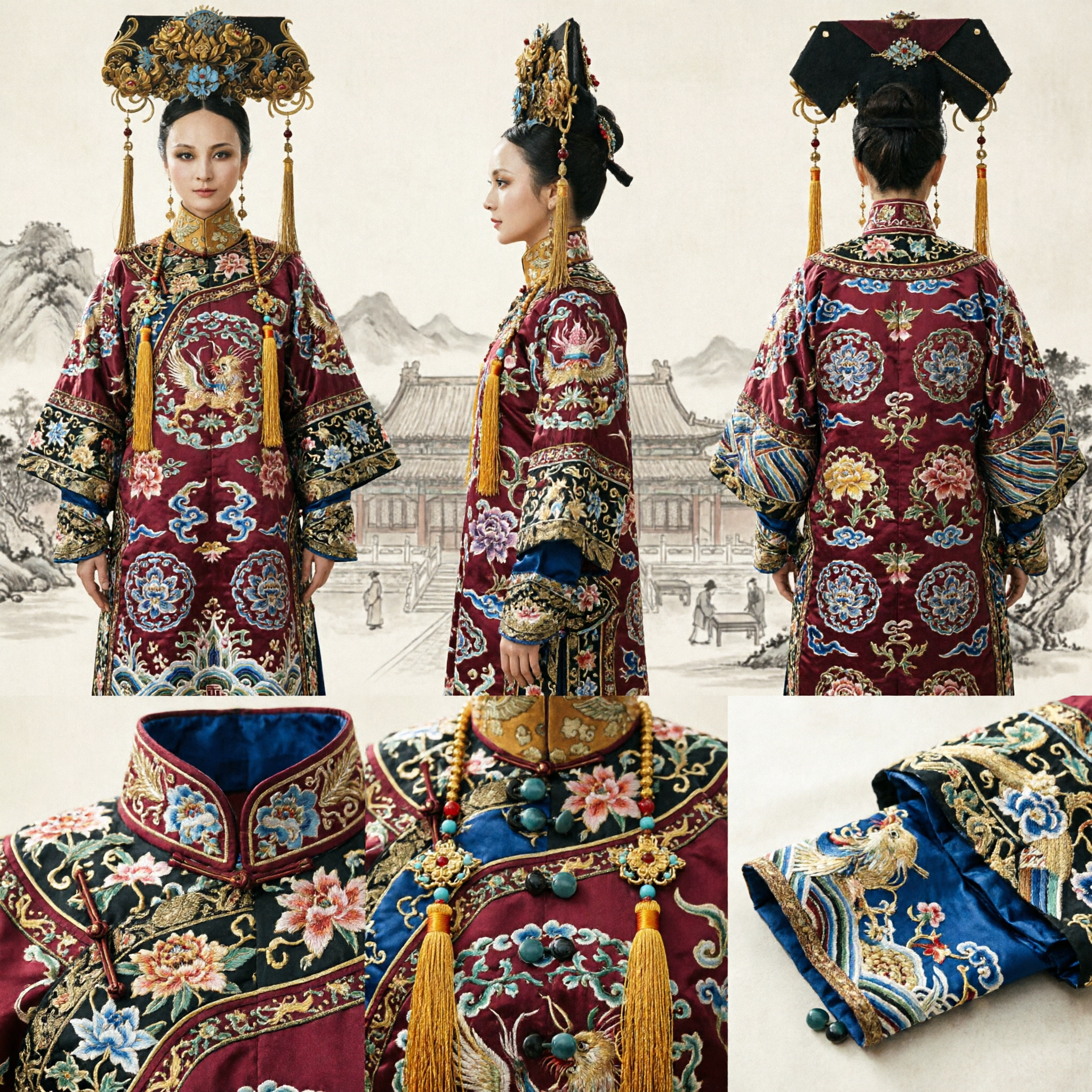 Traditionelle chinesische Qing-Dynastie-Manchu-Kaiserinnen-Kopfschmuck, goldene Filigran-Blumenkrone mit Quasten für Cosplay und Hochzeiten - Asian Costume