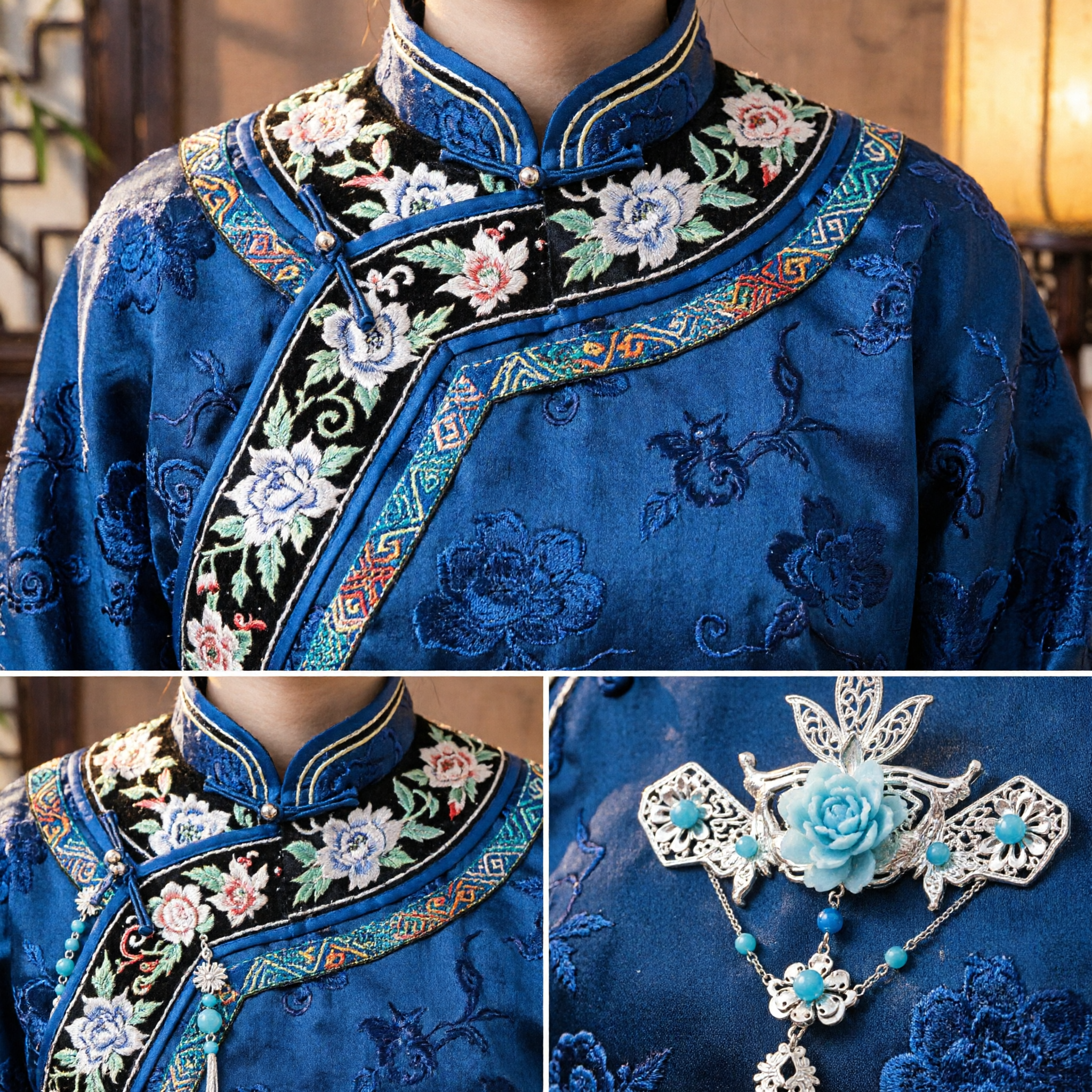 Ensemble d'Accessoires Capillaires Hanfu Traditionnels Chinois - Coiffe Fleurie Bleue avec Glands Argentés, Style Ancien pour Mariage et Tête de Mariée pour Femmes - Asian Costume