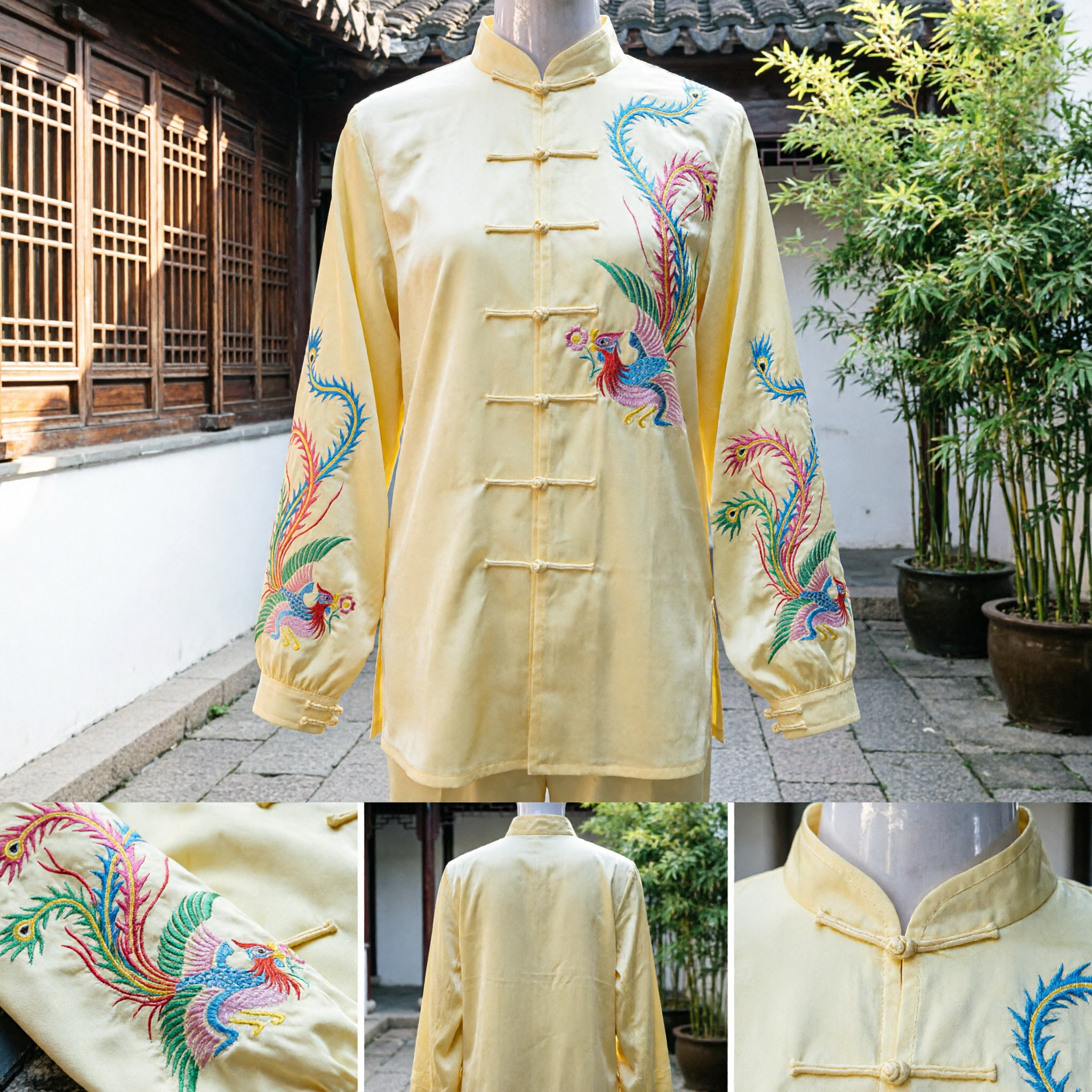 Women's Yellow Silk Tai Chi Uniform Set Traditional Chinese Kung Fu Suit with Phoenix Embroidery - Asian Costume