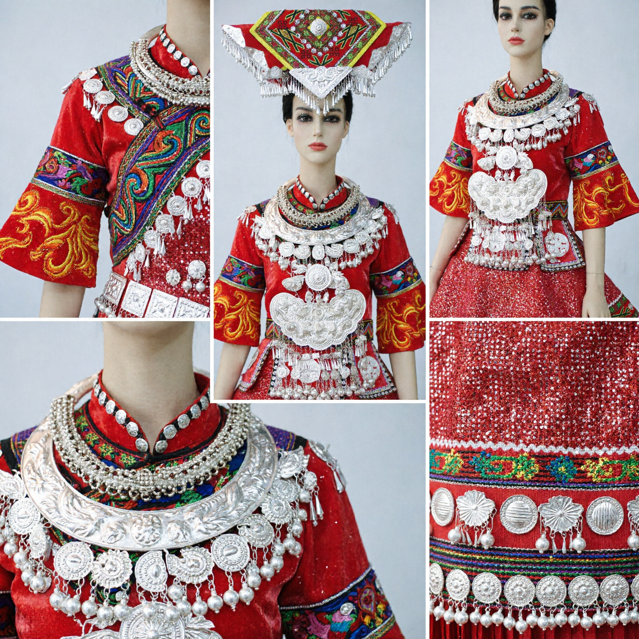 Traje Tradicional da Etnia Miao Chinesa - Vestido Vermelho com Joias de Prata e Chapéu Bordado para Performance de Dança em Festivais - Asian Costume