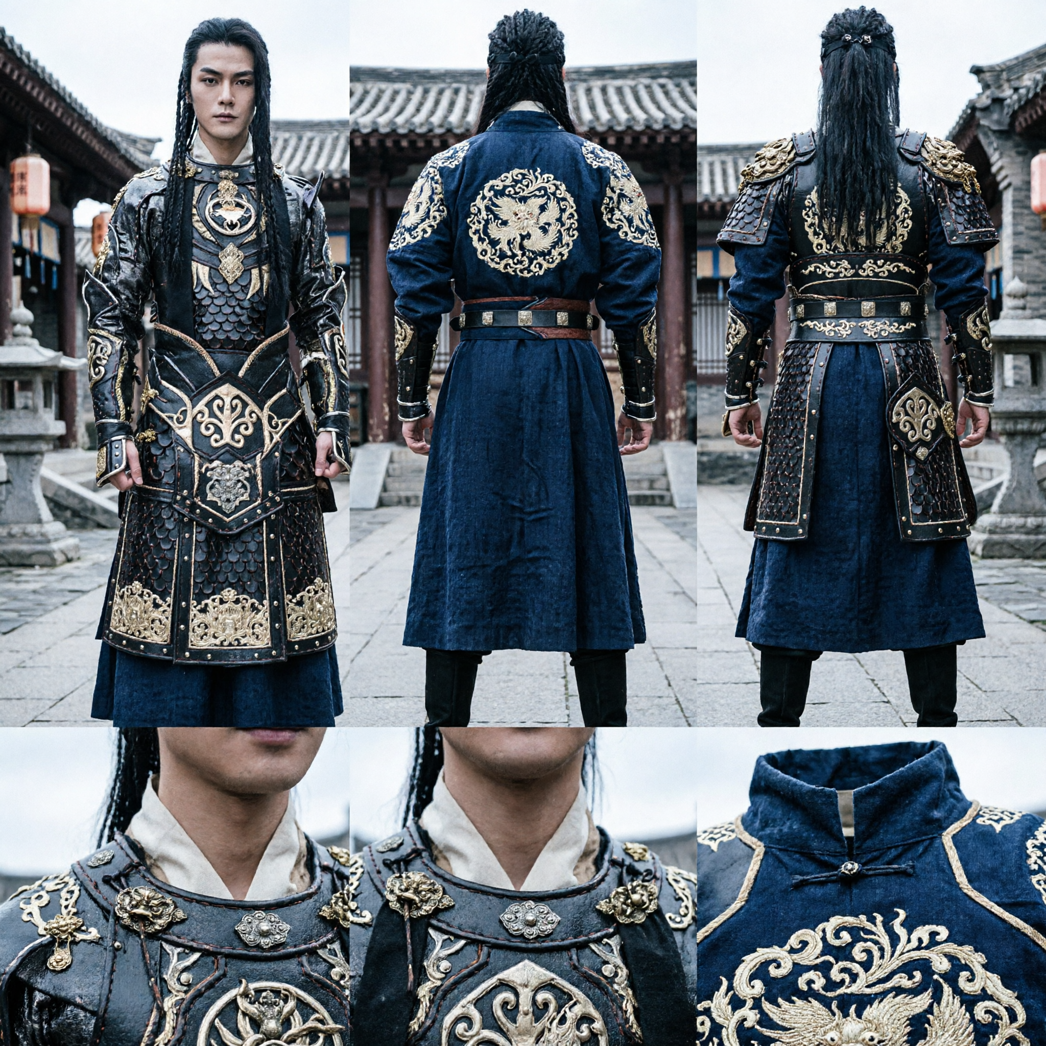 Męski chiński tradycyjny kostium generała Wuxia czarno-złota zbroja do cosplayu i występów - Asian Costume