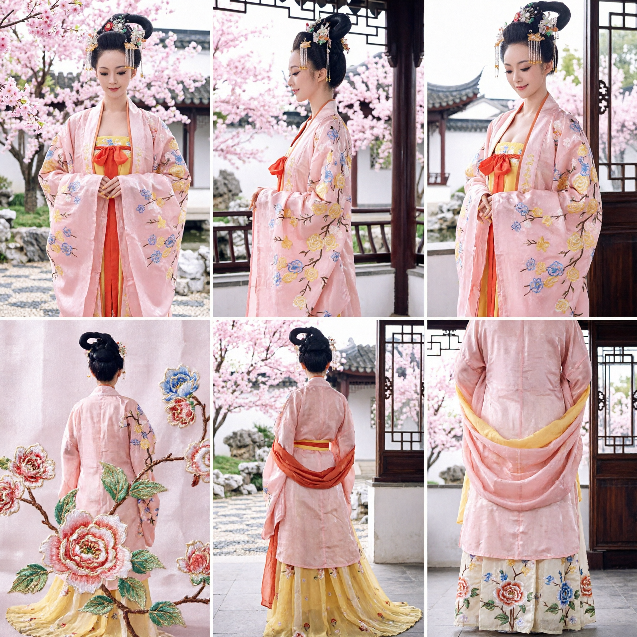 Elegante Roze Bloemen Hanfu-jurk Traditioneel Oud-Chinees Tang-dynastie Paleisdamekostuum voor Vrouwen Podiumoptreden - Asian Costume