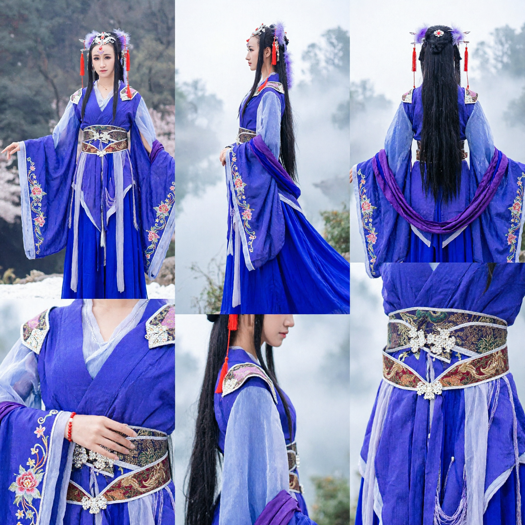 Elegant Blauw Traditioneel Oud-Chinees Hanfu Feeëngodinnenkostuum Compleet Set met Haartooi voor Vrouwen Optreden - Asian Costume