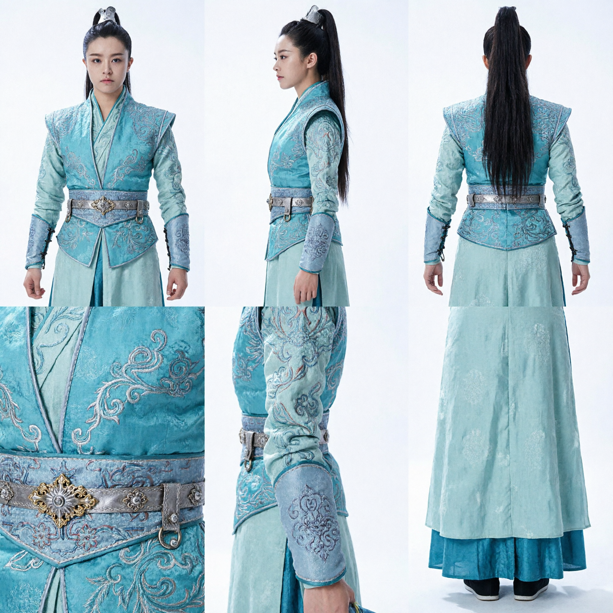 Ancient Chinese Wuxia Swordswoman Costume Teal Blue Embroidered Hanfu for Women Cosplay Performance - Asian Costume