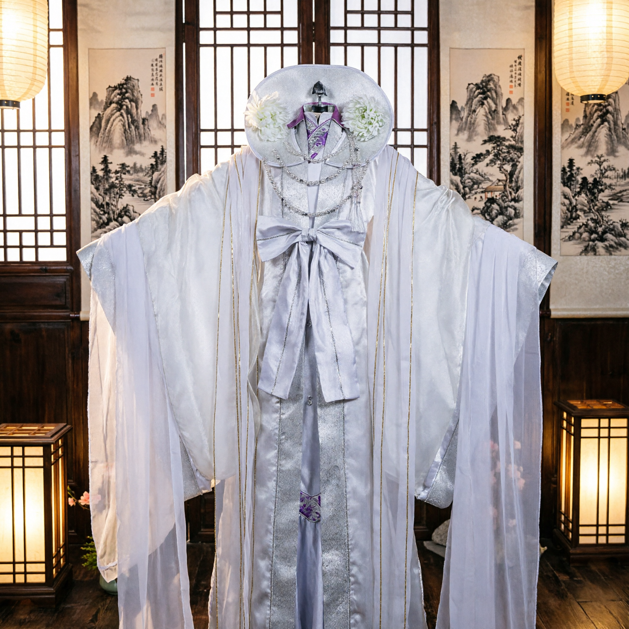 Costume Hanfu Bianco Cinese Antico Completo da Nobile Studioso Tradizionale Set Completo con Cappello per Cosplay e Spettacoli - Asian Costume