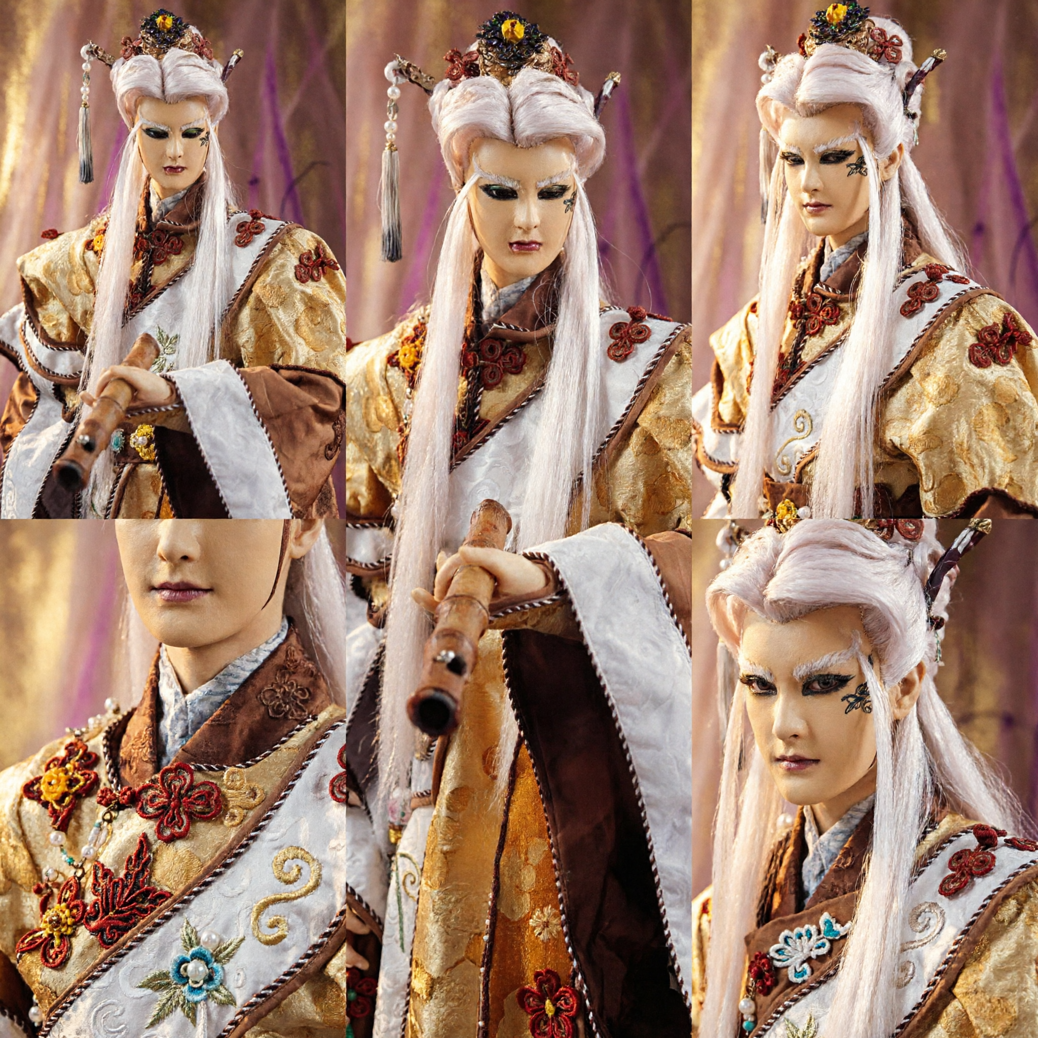 Traditional Chinese Fantasy Noble Puppet Doll in Golden Embroidered Robe and White Wig for Collection and Display - Asian Costume