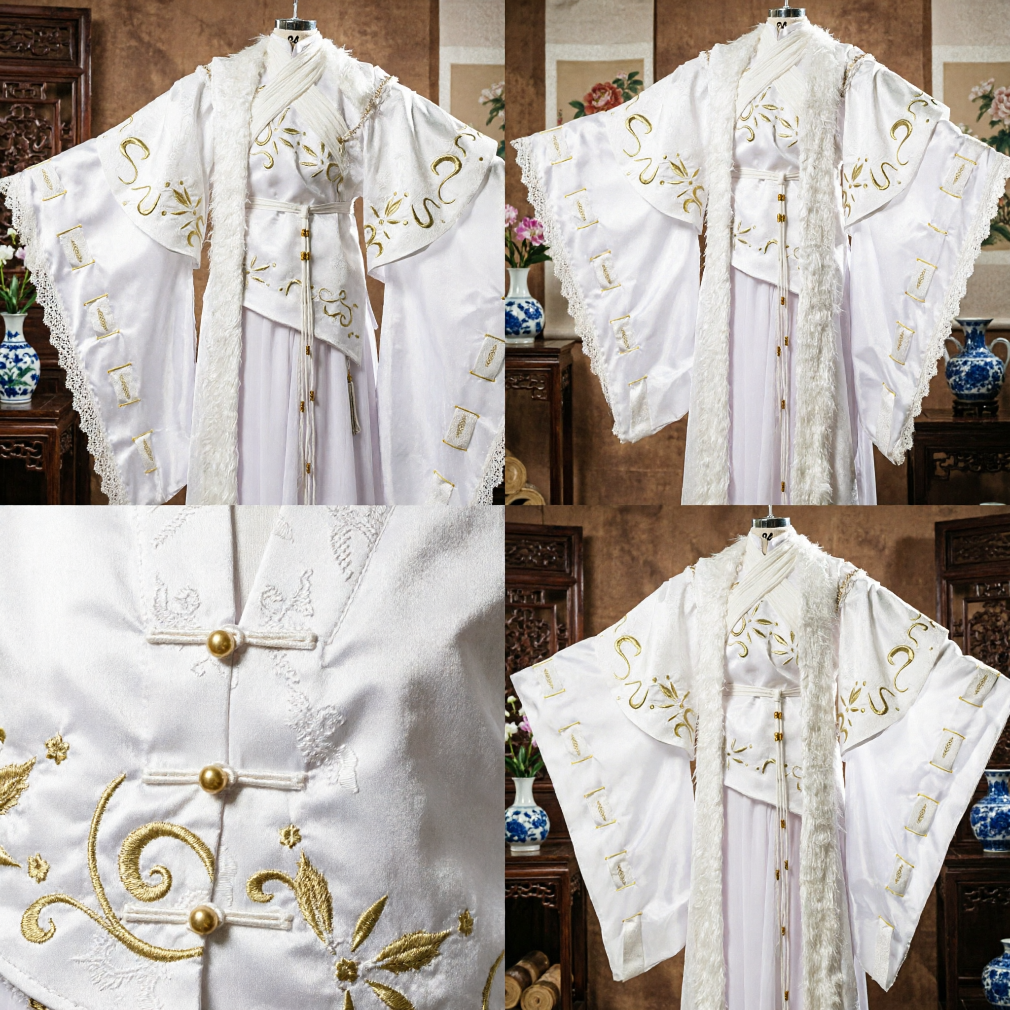 Elegante Túnica Hanfu Blanca China Antigua con Bordado Dorado y Adorno de Piel para Cosplay y Actuaciones - Asian Costume