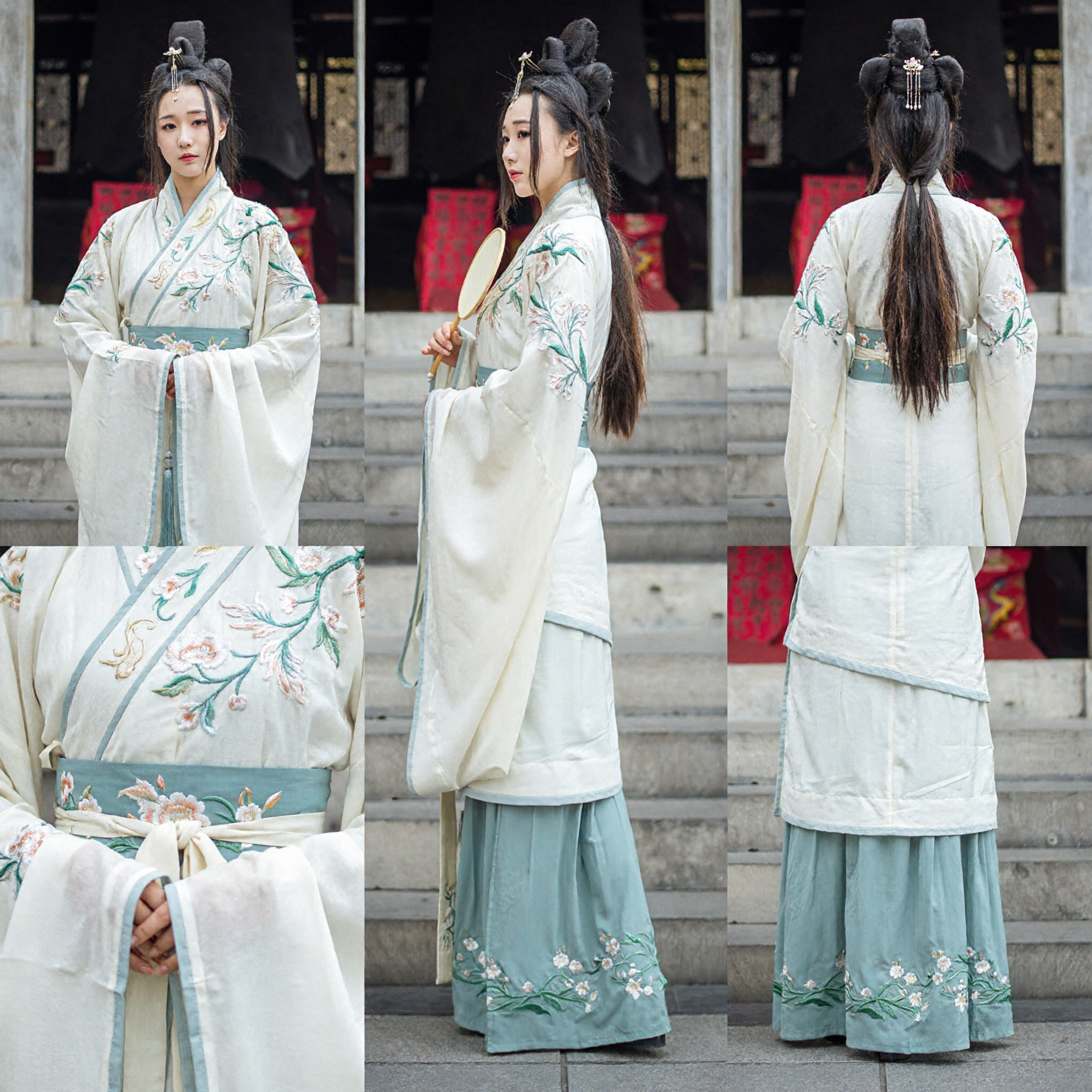 Traditionelles chinesisches Hanfu antikes Kostüm elegantes besticktes weißes Oberteil und blauer Rock-Set für Frauen - Asian Costume