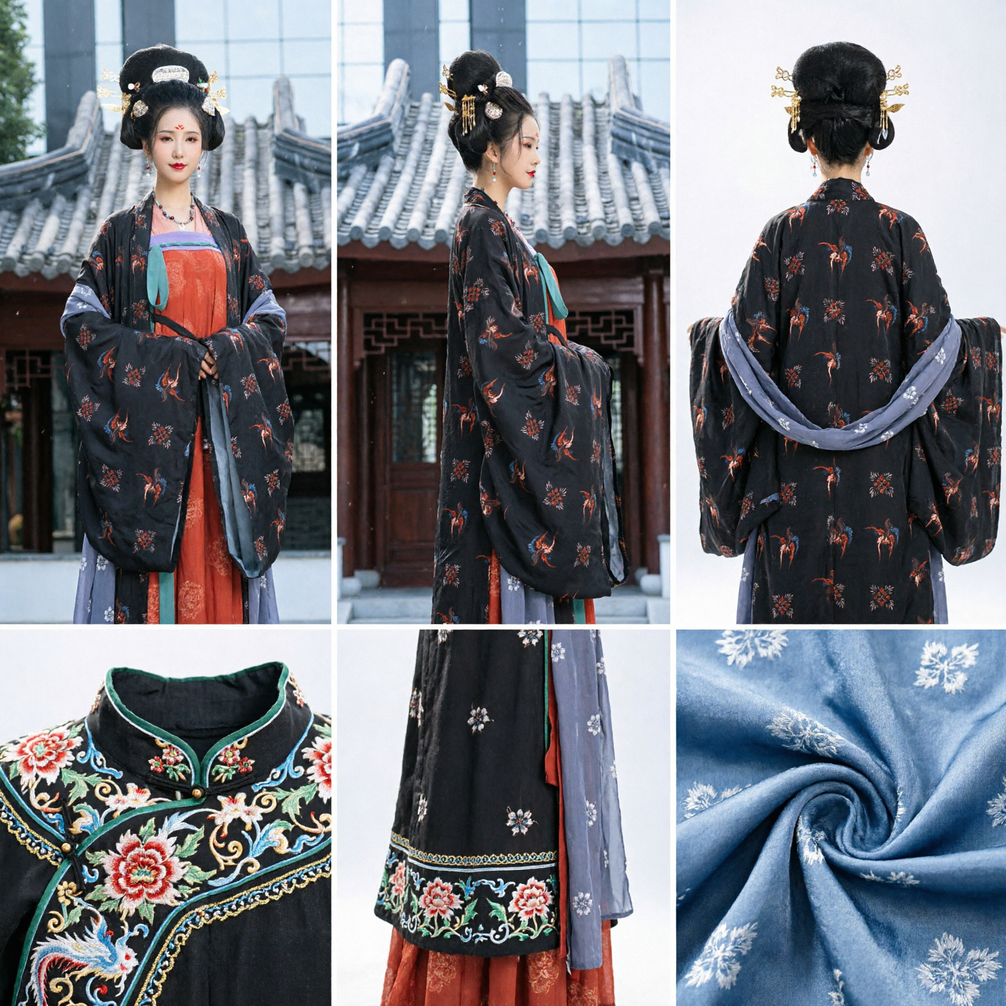 Elegante Traje Hanfu de la Dinastía Tang Chino Tradicional para Mujeres Vestido con Patrón de Grulla Negra para Fotografía y Cosplay - Asian Costume