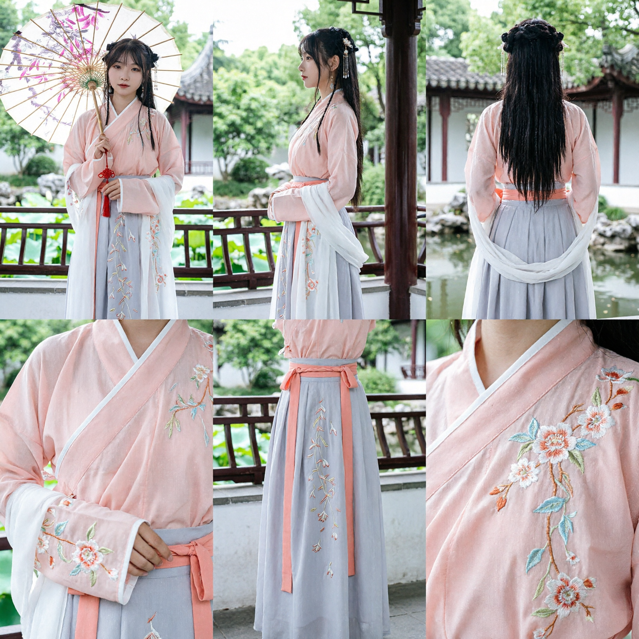 Robe Hanfu Chinoise Traditionnelle Élégante pour Femmes Ensemble Costume Ancien Style Brodé Rose et Bleu avec Parapluie - Asian Costume