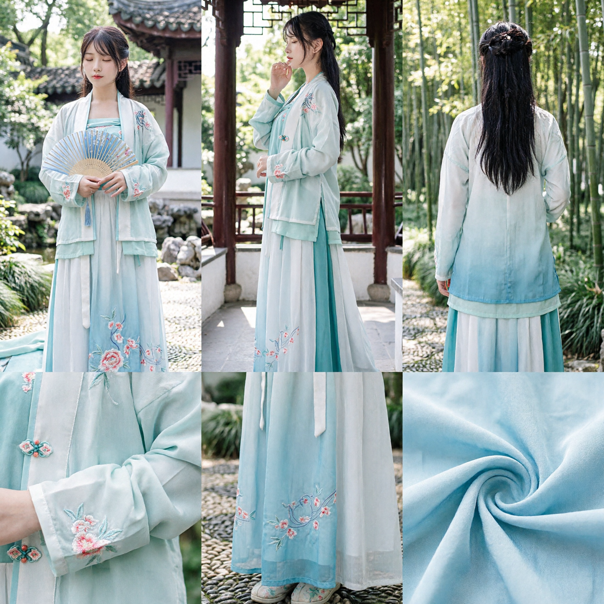 Elegant Light Blue Hanfu Traditional Chinese Clothing Ancient Embroidered Beizi Jacket and Skirt Set for Women - Asian Costume