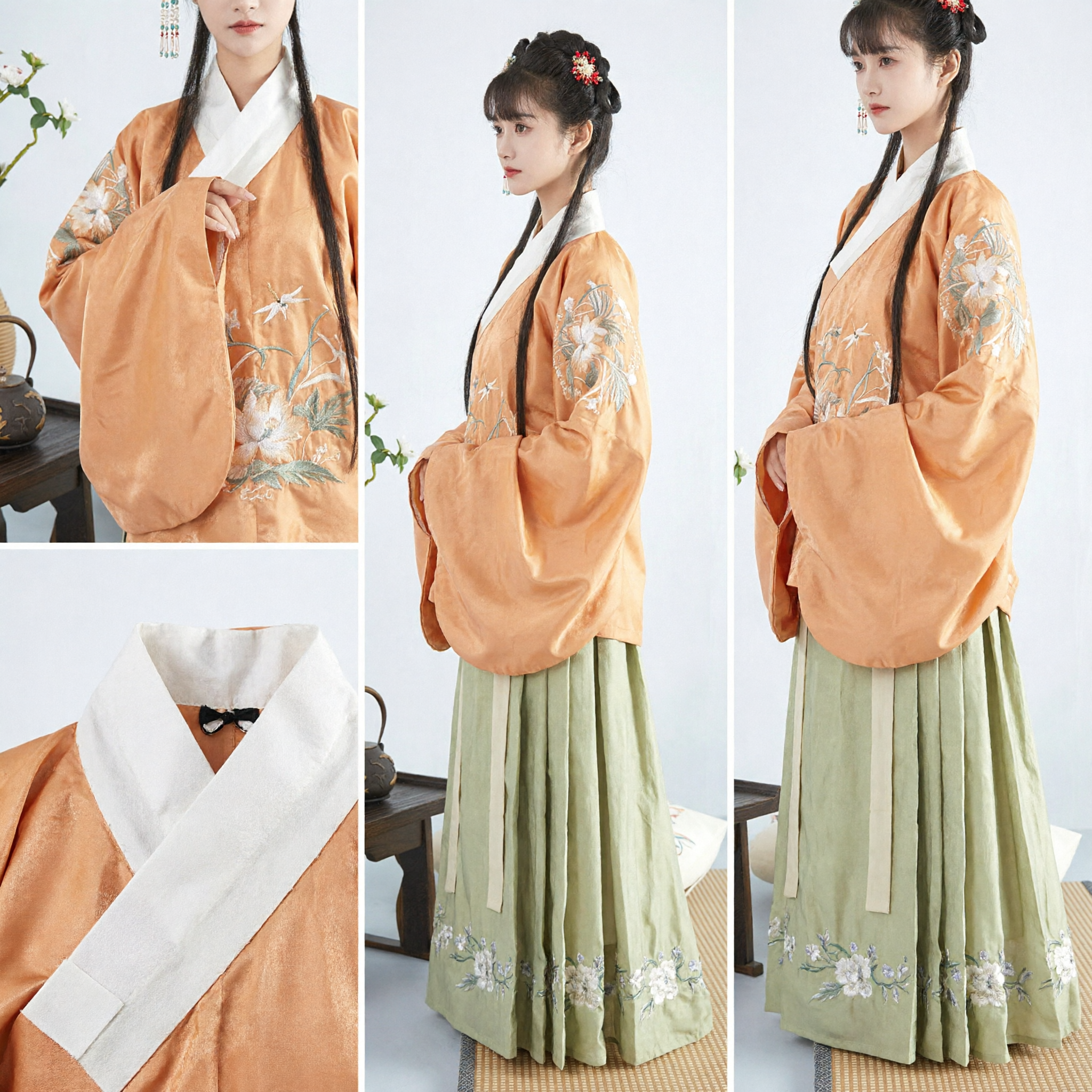 Traditional Chinese Hanfu Ancient Costume Women's Elegant Embroidered Cross Collar Top and Skirt Set for Tea Ceremony - Asian Costume