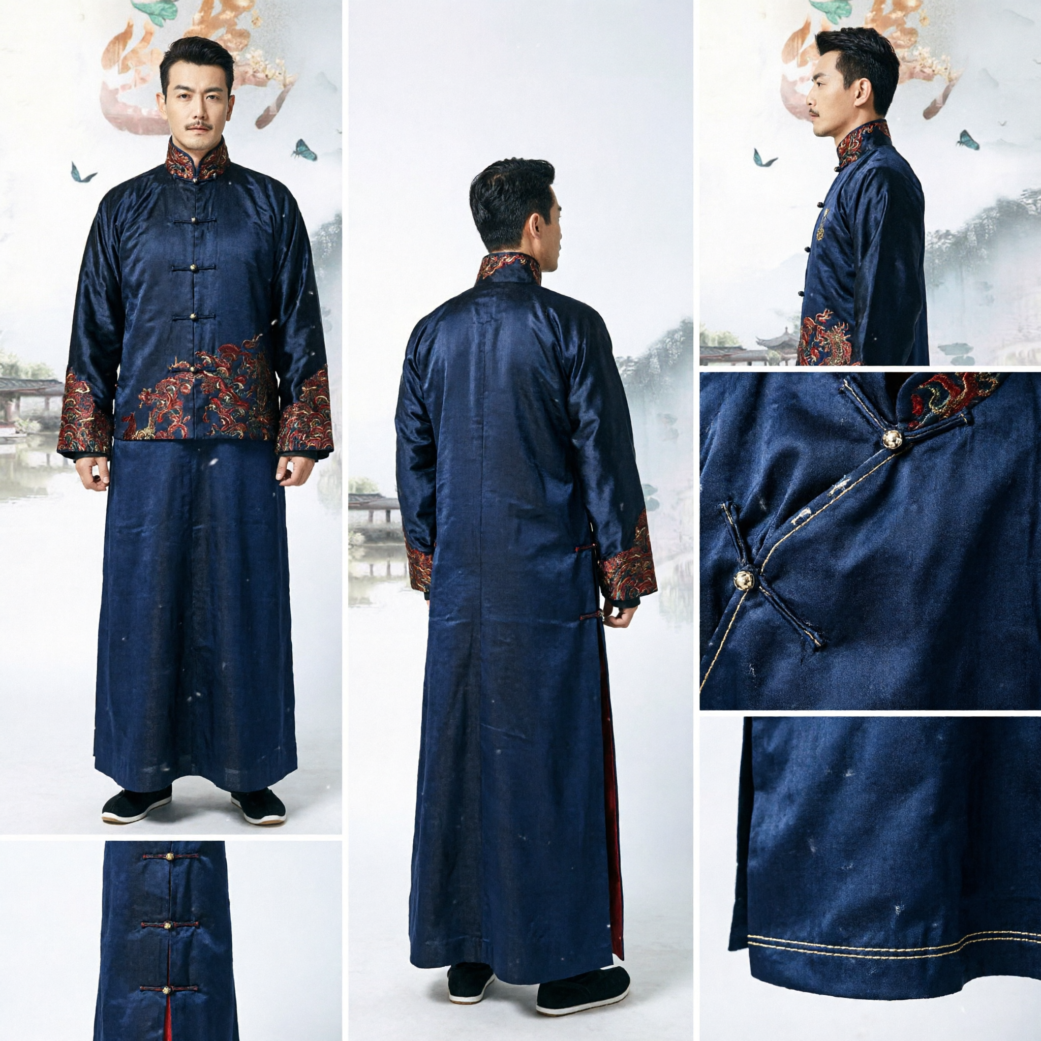 Veste Changshan Tradizionale Cinese per Uomini in Seta Stile Era Repubblicana Polsini Ricamati Collo Mandarino Costume Formale - Asian Costume