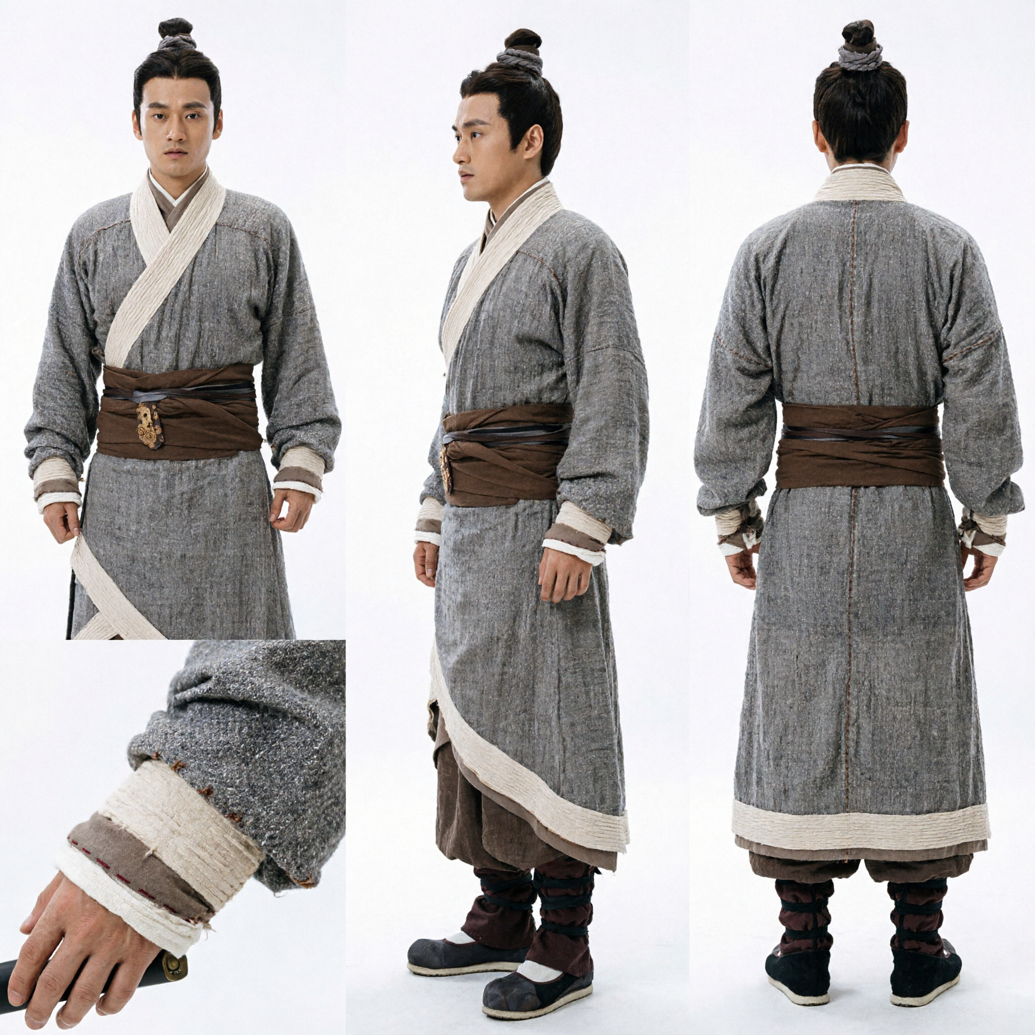 Costume Antico Spadaccino Cinese per Uomini Tunica Hanfu in Lino Grigio Set Abbigliamento Wuxia Marziale per Cosplay - Asian Costume