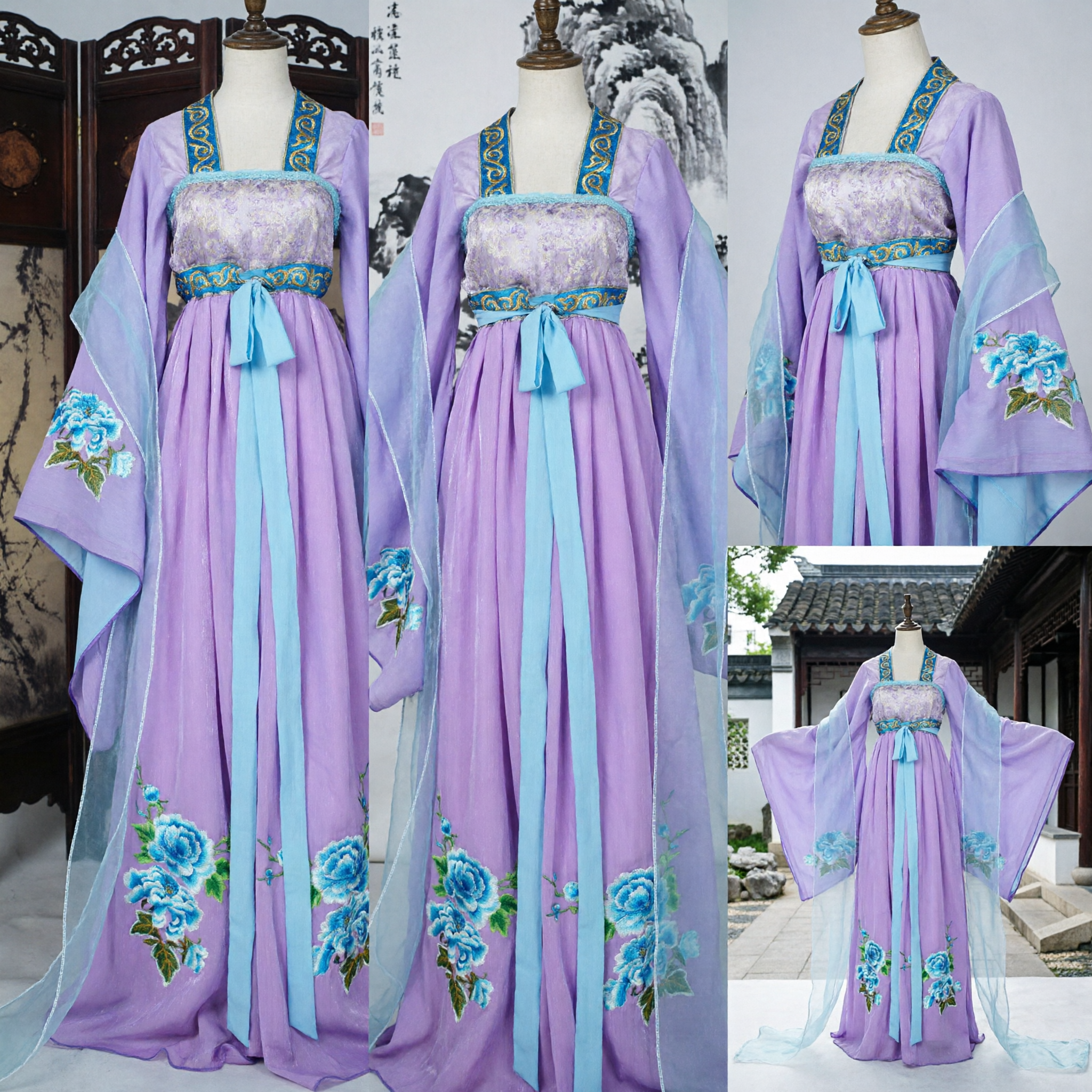 Hanfu Tradizionale Cinese Viola Dinastia Tang Vestito Ruqun con Ricami Floreali per Donne Cosplay ed Esibizioni - Asian Costume