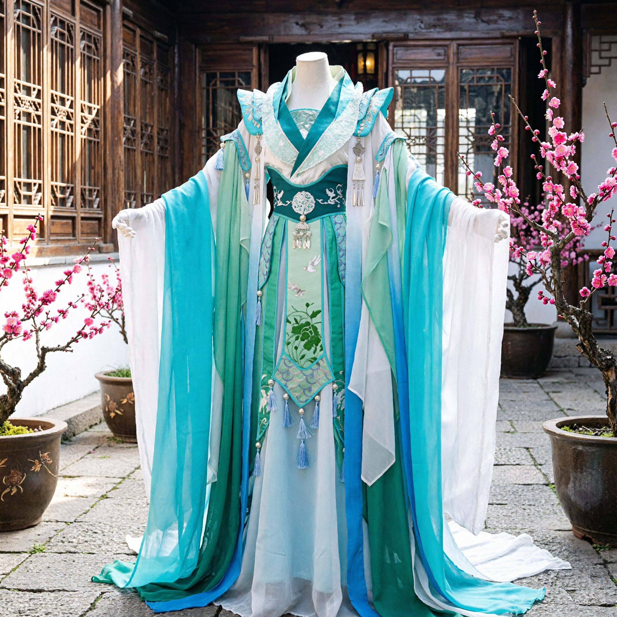 Traje Tradicional Chinês Hanfu Verde Azulado Vestido de Fada Antigo Robe Bordado para Cosplay Feminino - Asian Costume