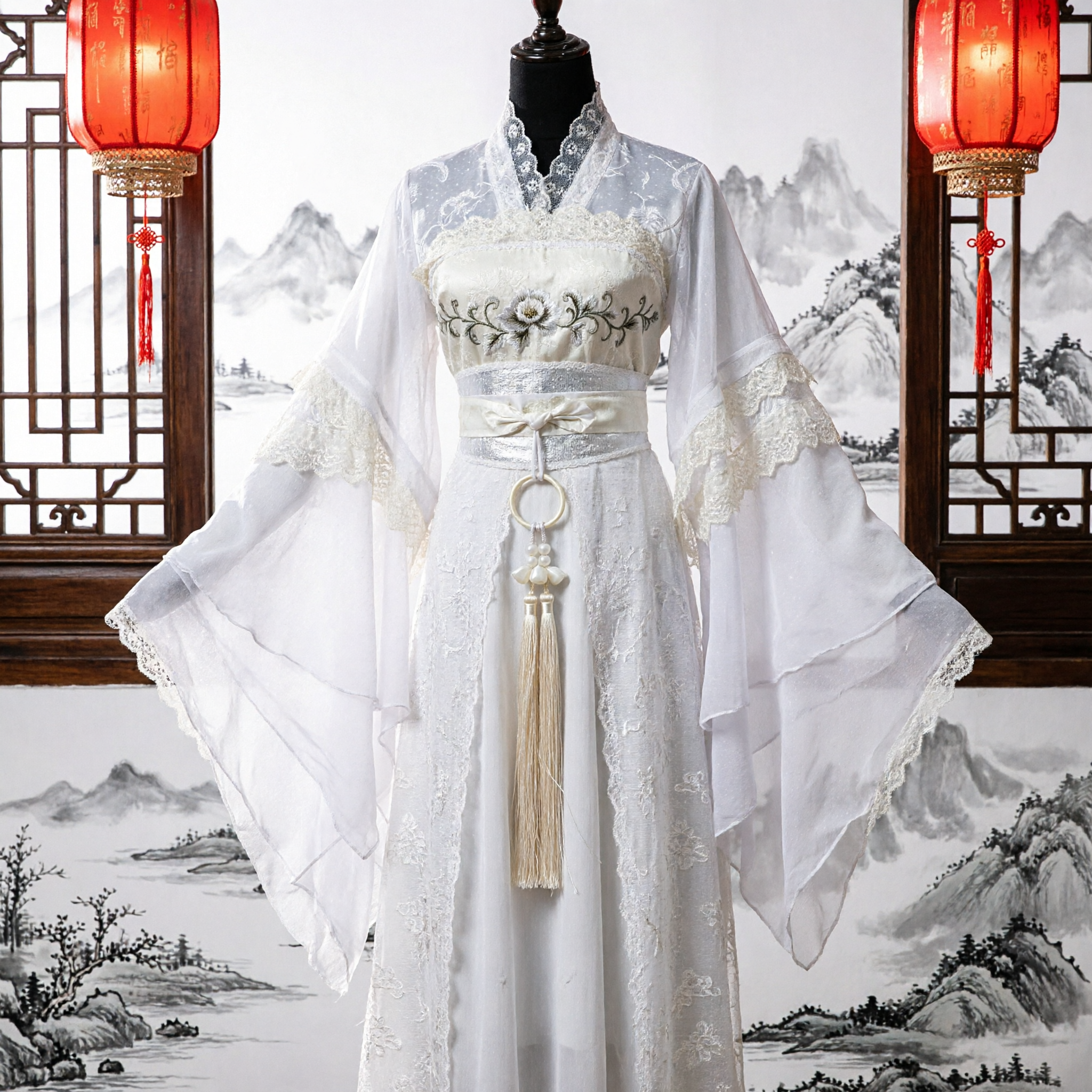 Elegantes weißes Hanfu, traditionelles chinesisches antikes Kostüm, besticktes Feenkleid mit weiten Ärmeln für Frauen Cosplay - Asian Costume