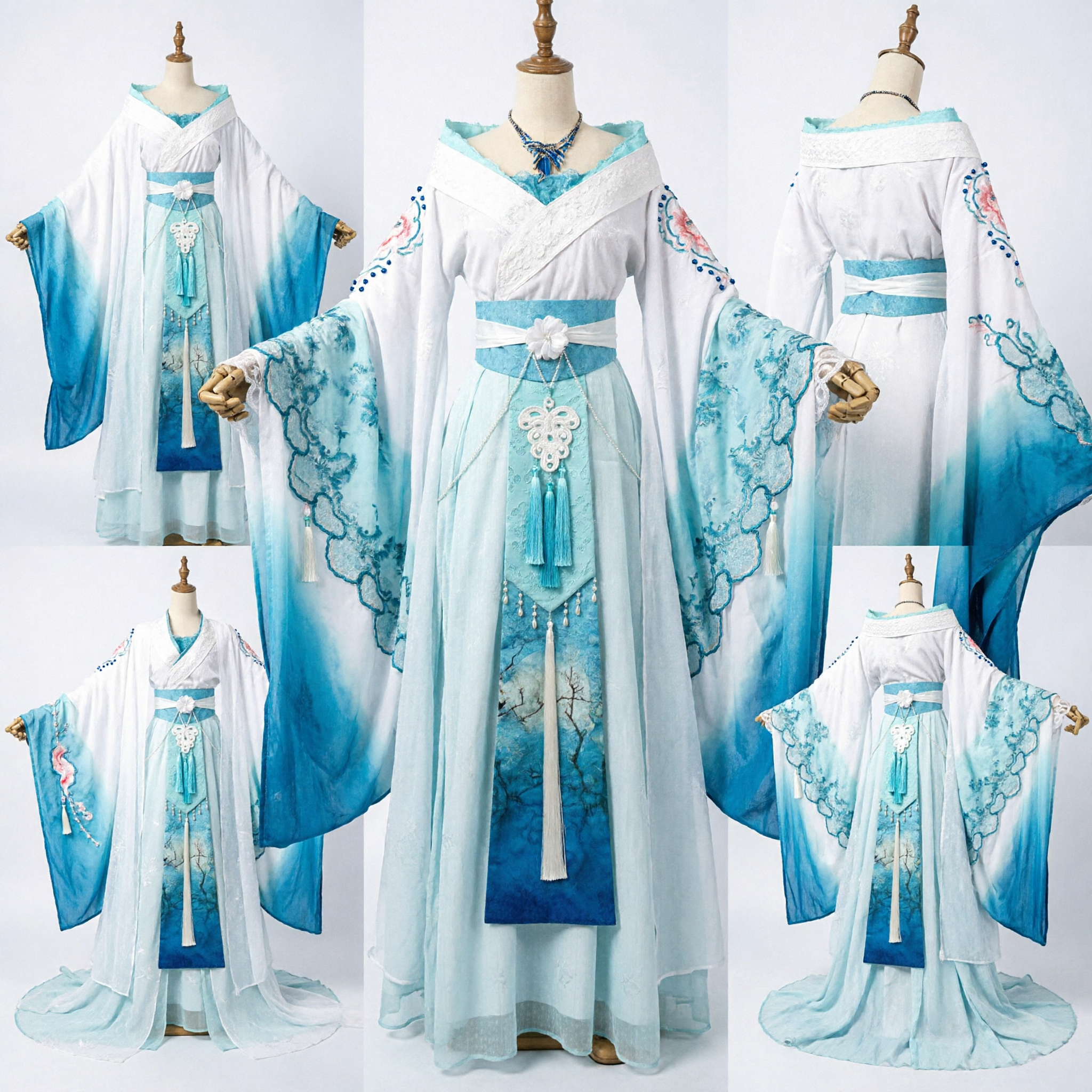 Hanfu Tradizionale Cinese Elegante Sfumato Blu e Bianco Antico Costume da Fata per Donne Cosplay - Asian Costume