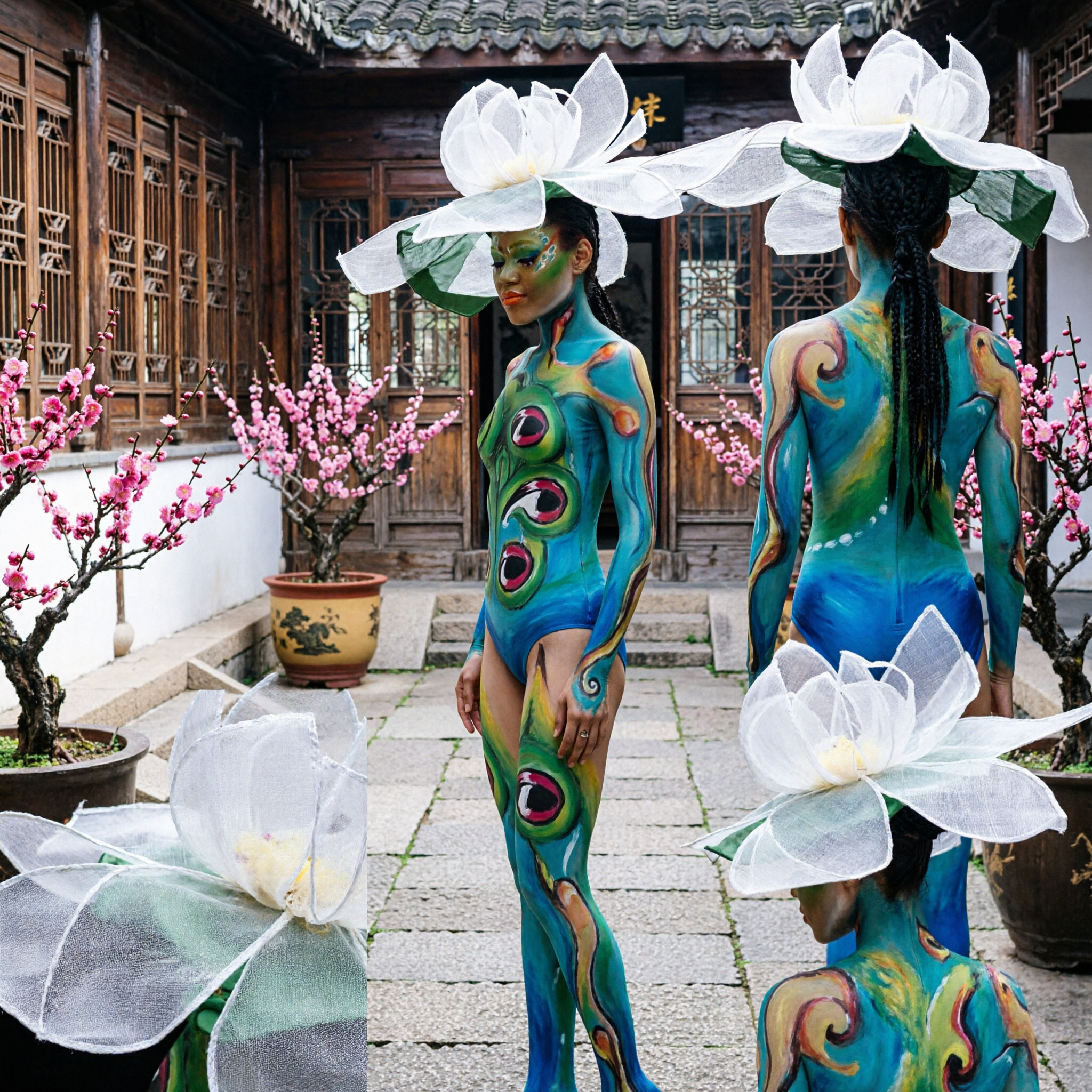 Copricapo a Testa di Fiore di Loto Bianco in Sinamay Cappello Grande per Spettacoli di Danza e Costumi da Carnevale - Asian Costume