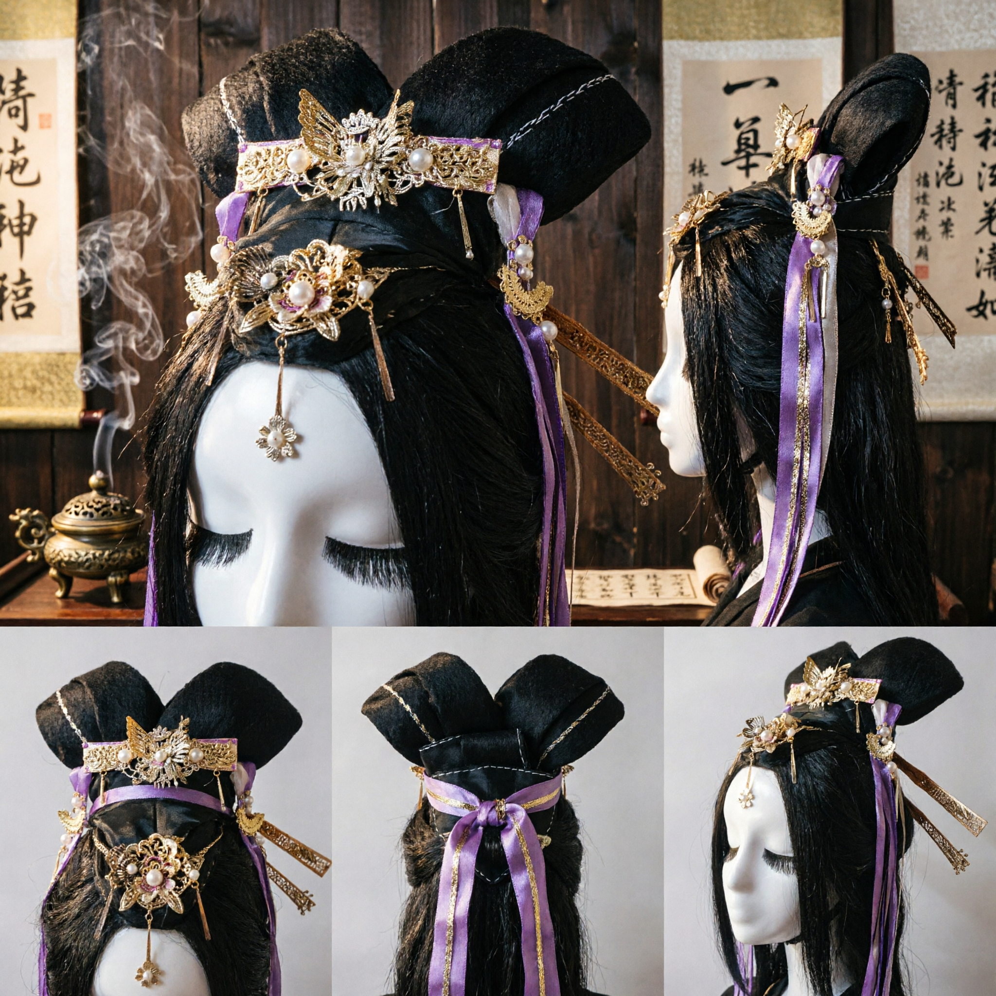 Set Accessori per Capelli da Principessa Antica Cinese con Forcine a Farfalla Dorate e Nastri Viola per Cosplay Hanfu - Asian Costume