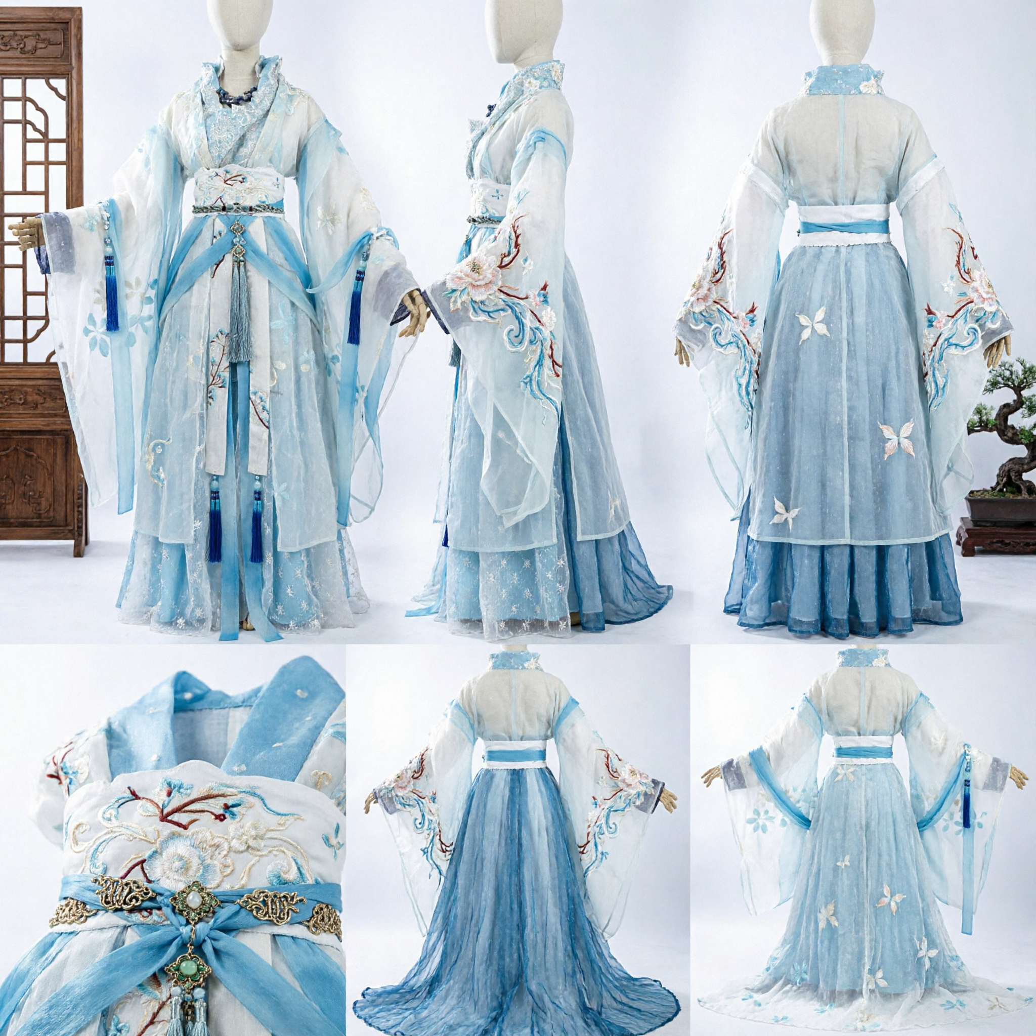 Traje Tradicional Chinês Hanfu para Mulheres, Vestido de Fada Antigo Azul e Branco com Bordado para Cosplay e Performance - Asian Costume