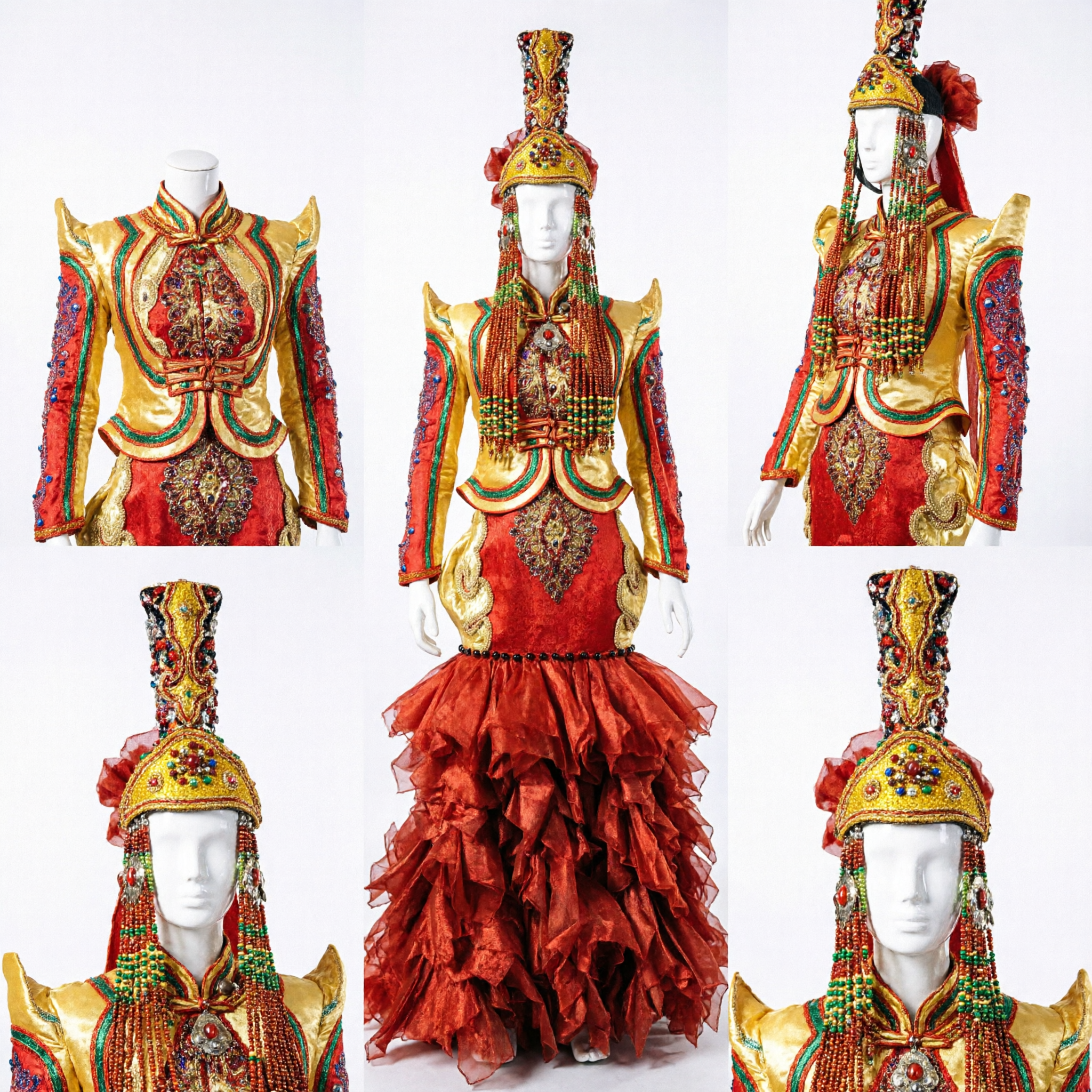 Traje de Danza Folclórica Mongol Tradicional para Mujeres Vestido Rojo con Bordados Dorados y Tocado para Espectáculos - Asian Costume