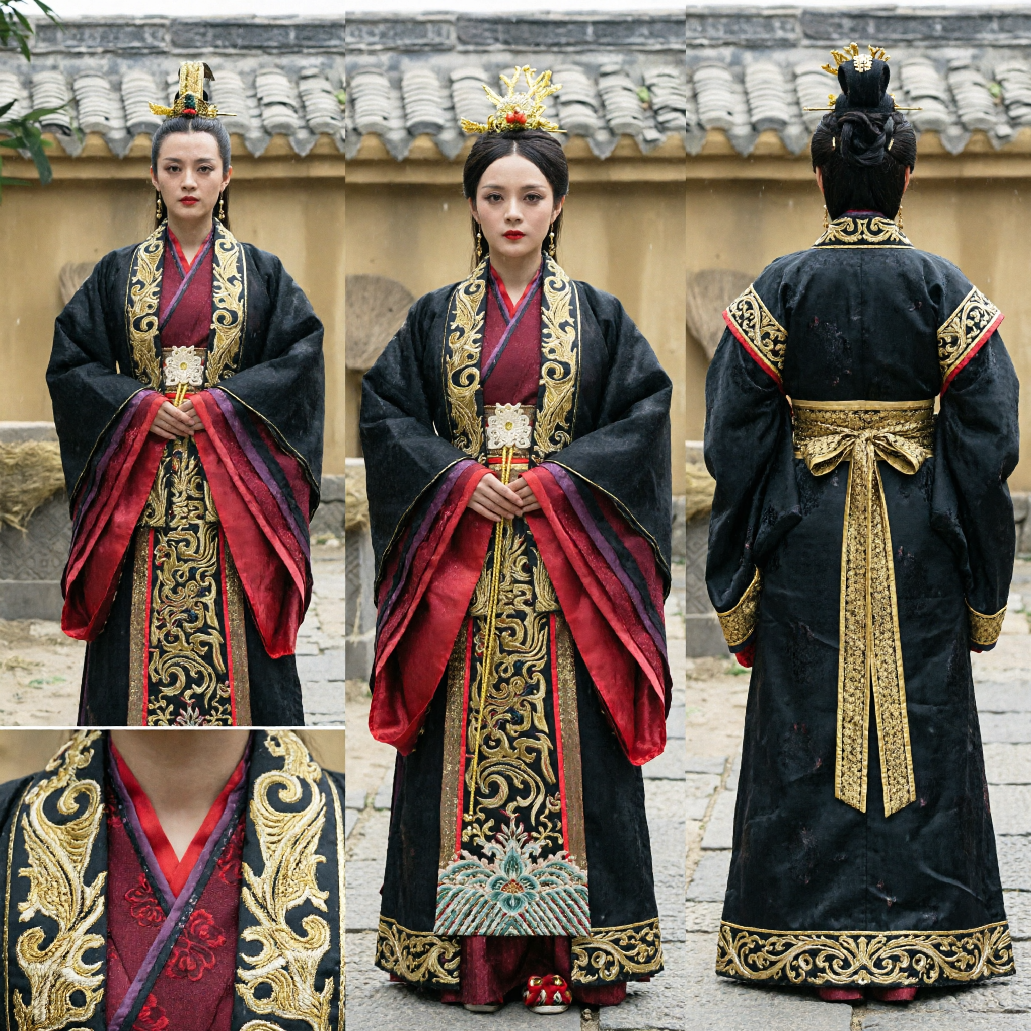 Tradycyjny chiński kostium cesarzowej z okresu Walczących Królestw, hanfu, czarna szata ze złotym haftem dla kobiet do historycznego cosplayu i występów - Asian Costume