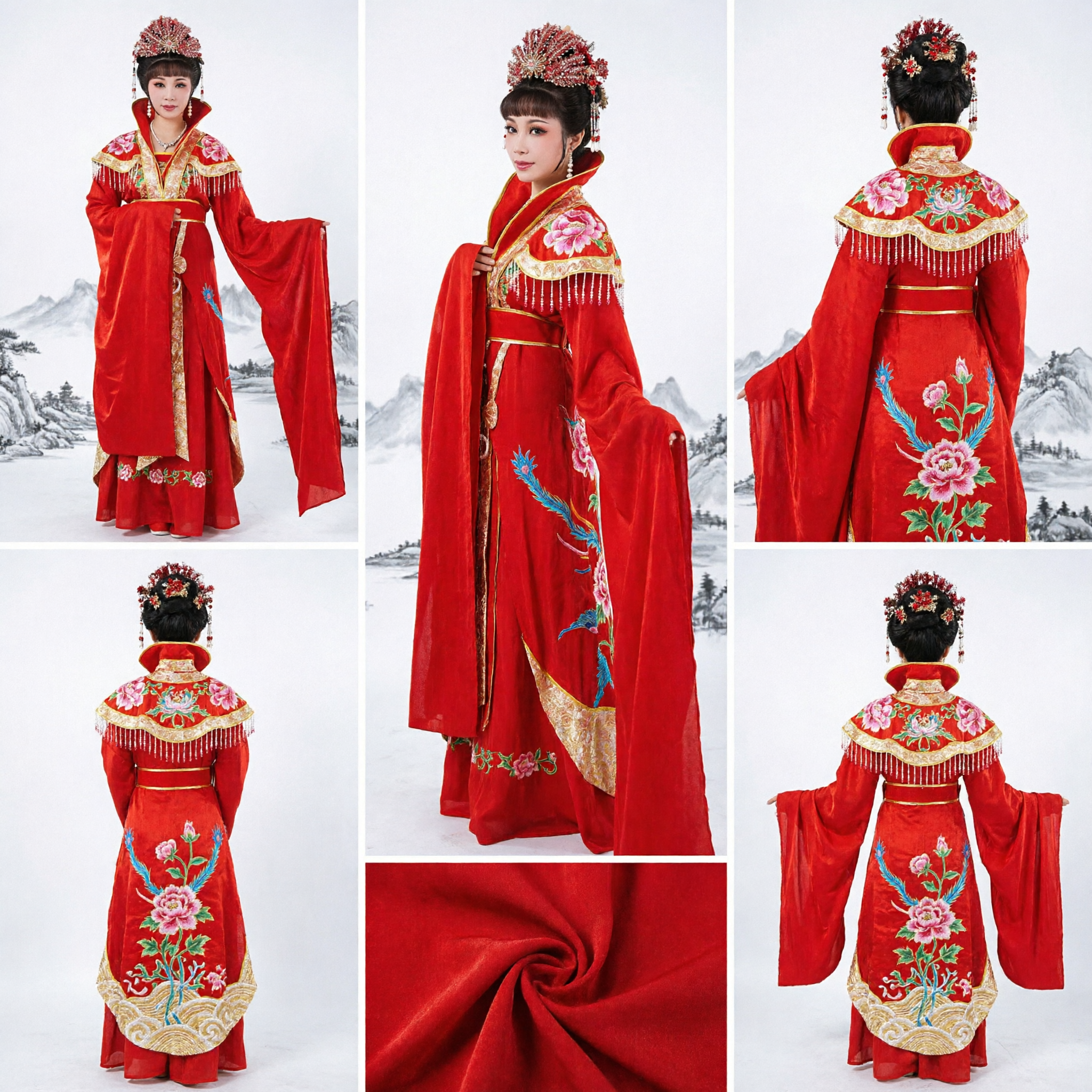 전통 중국 오페라 의상 빨강 자수 고대 여인 로브 물소매 무대 공연 - Asian Costume