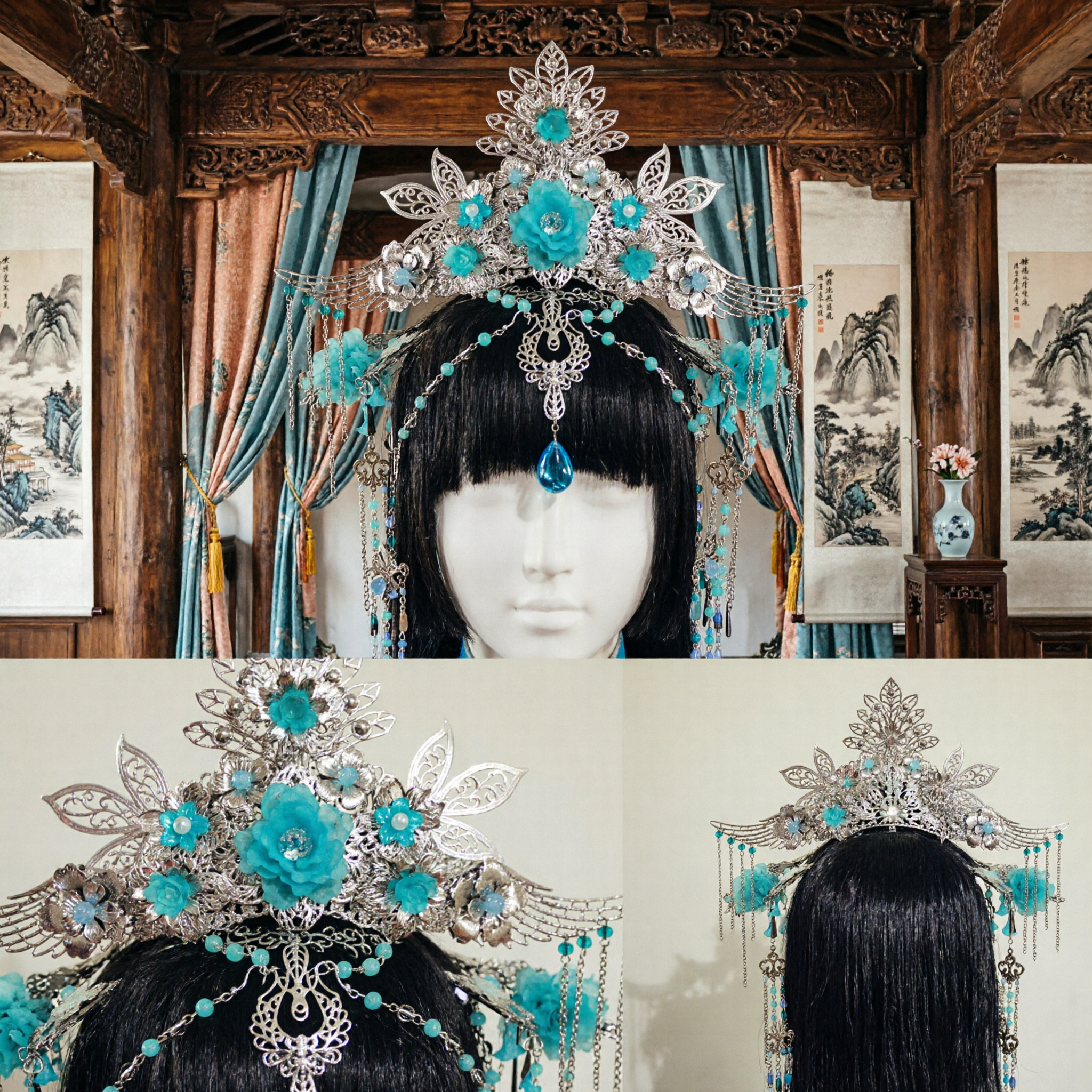 정교한 파란색 꽃 전통 중국 비녀 고대 한푸 봉황 관 신부 머리 장식 여성 코스프레 - Asian Costume