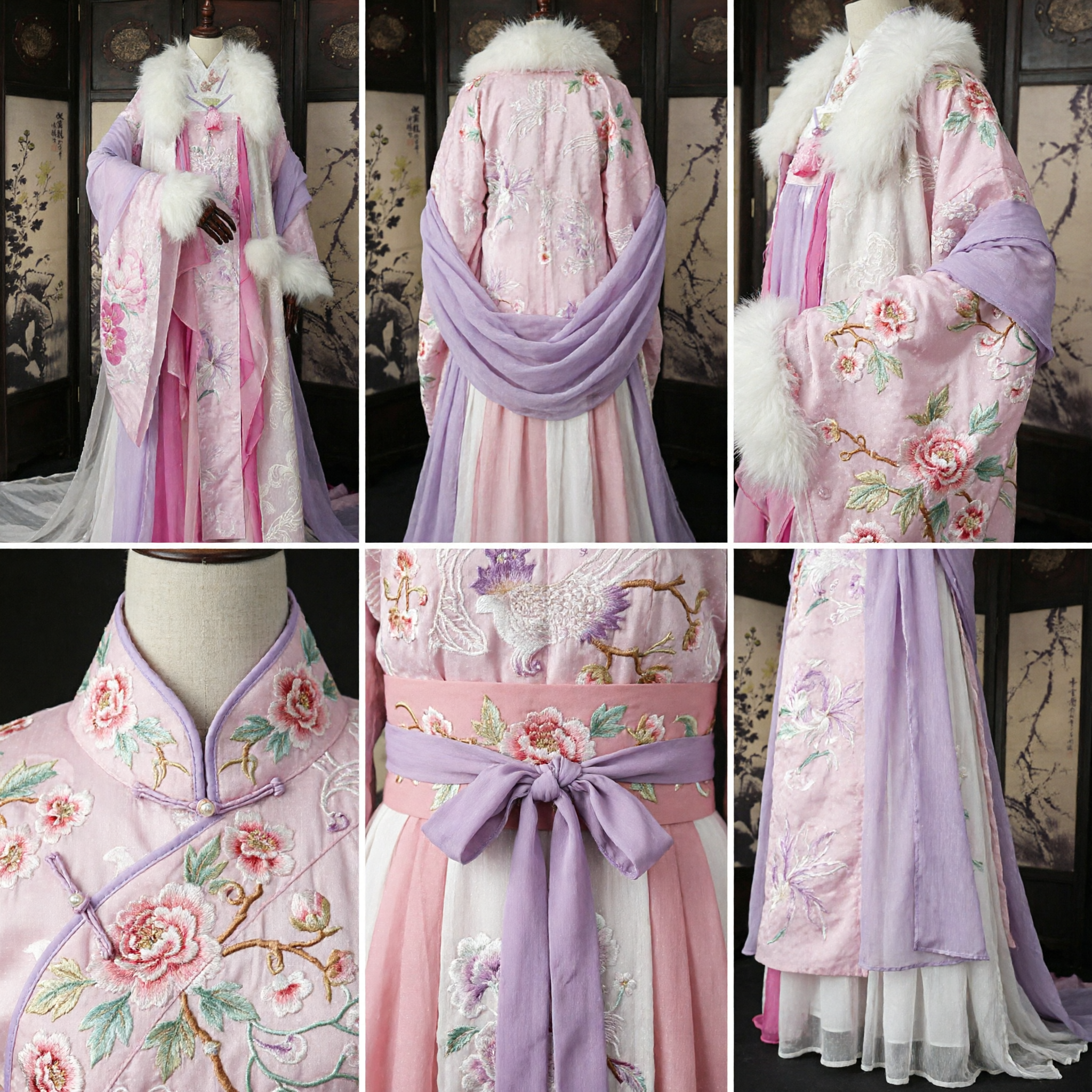 Elegant Roze Chinees Hanfu Oud Prinsessenkostuum met Witte Bontafzetting Traditionele Jurk voor Vrouwen Cosplay - Asian Costume