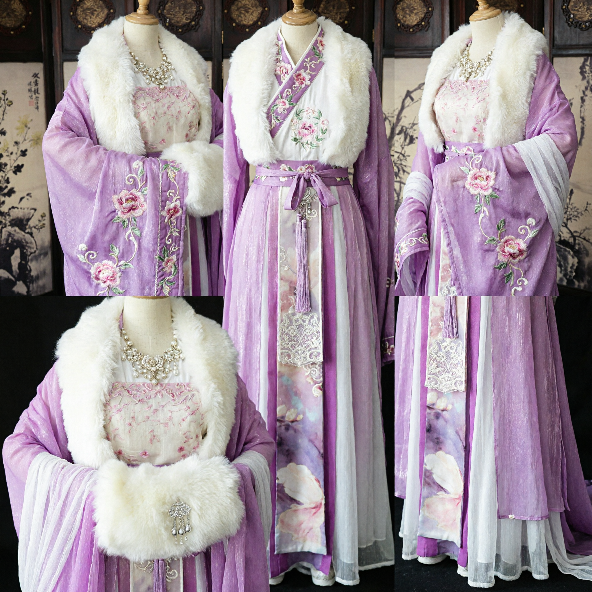 Elegante Costume Tradizionale Hanfu Cinese Antico Viola per Donne Cosplay da Principessa Abito Invernale con Pelliccia Bianca - Asian Costume