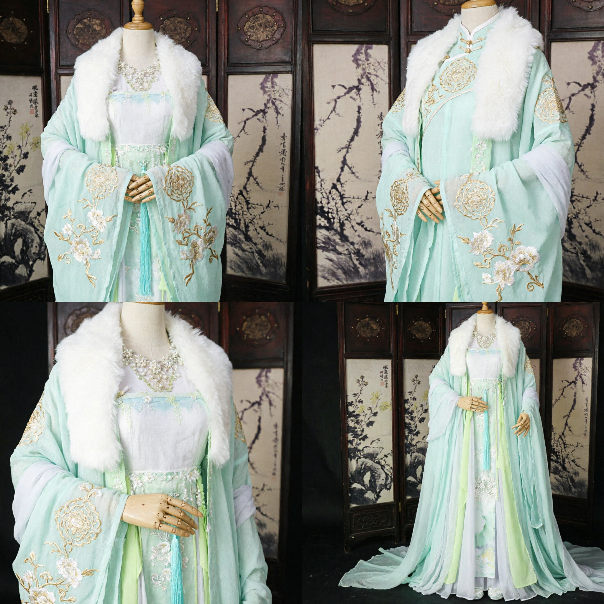 Oud Chinees Hanfu Traditioneel Kostuum Vrouwen Winter Witte Bontkraag Groene Feeënjurk voor Cosplay - Asian Costume