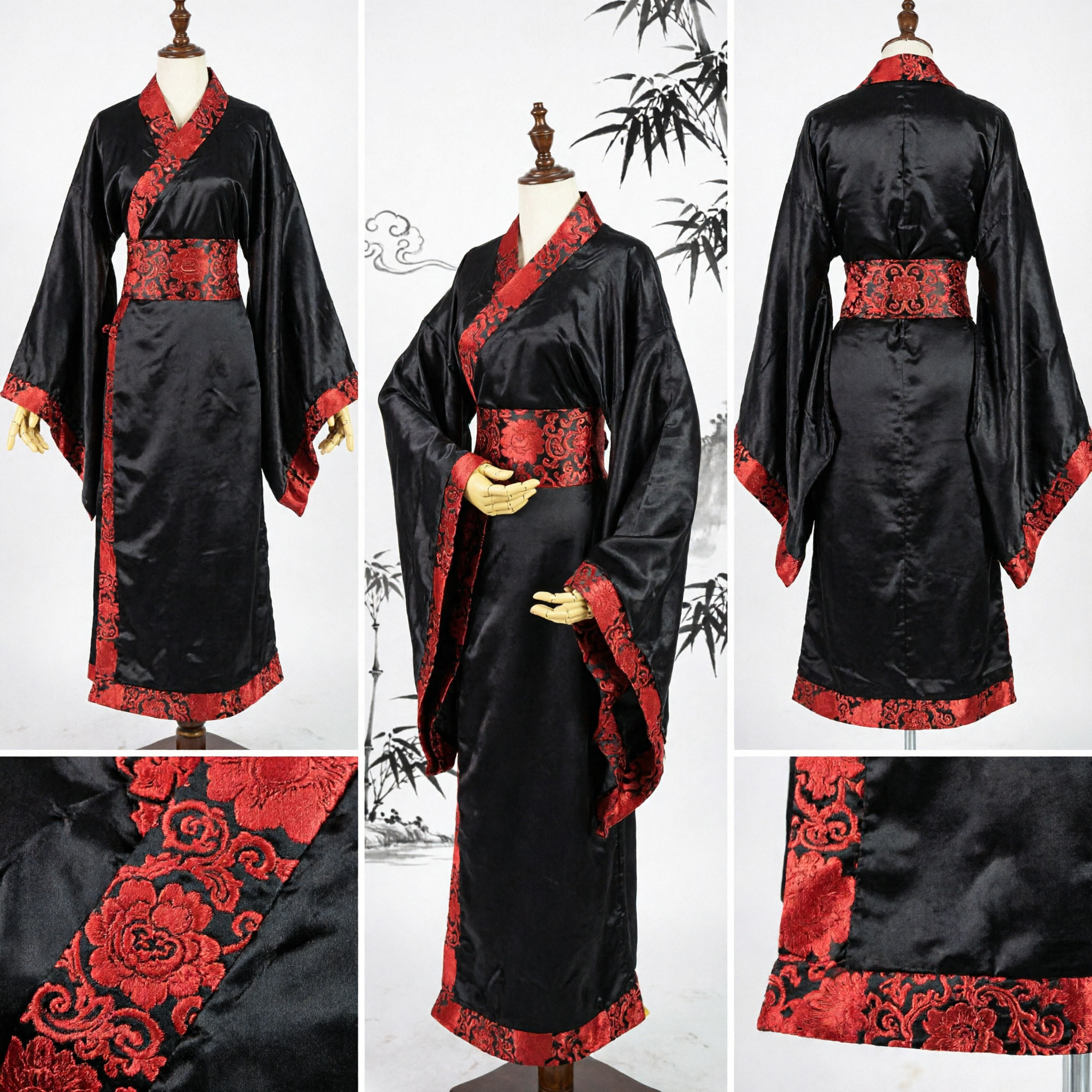 Mannen Zwart en Rood Traditioneel Chinees Hanfu Gewaad Oud Dynastie Zwaardvechter Cosplay Kostuum - Asian Costume