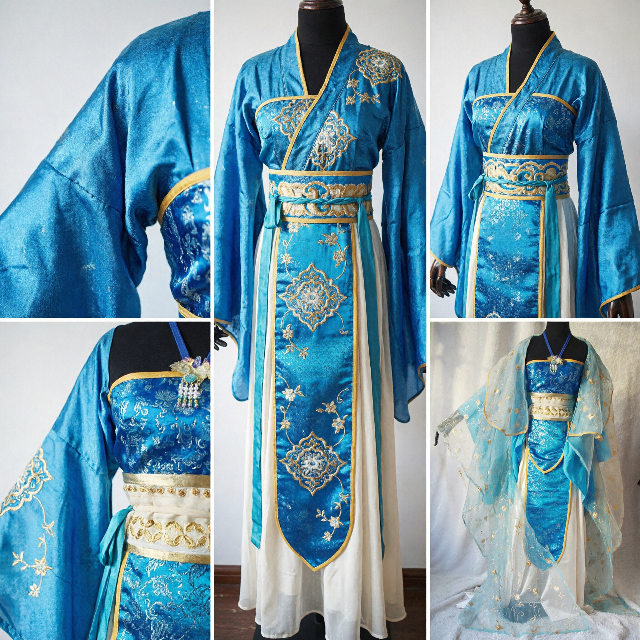 Costume Hanfu chinois traditionnel élégant bleu, robe de fée ancienne avec broderie dorée pour femmes, cosplay et spectacle - Asian Costume