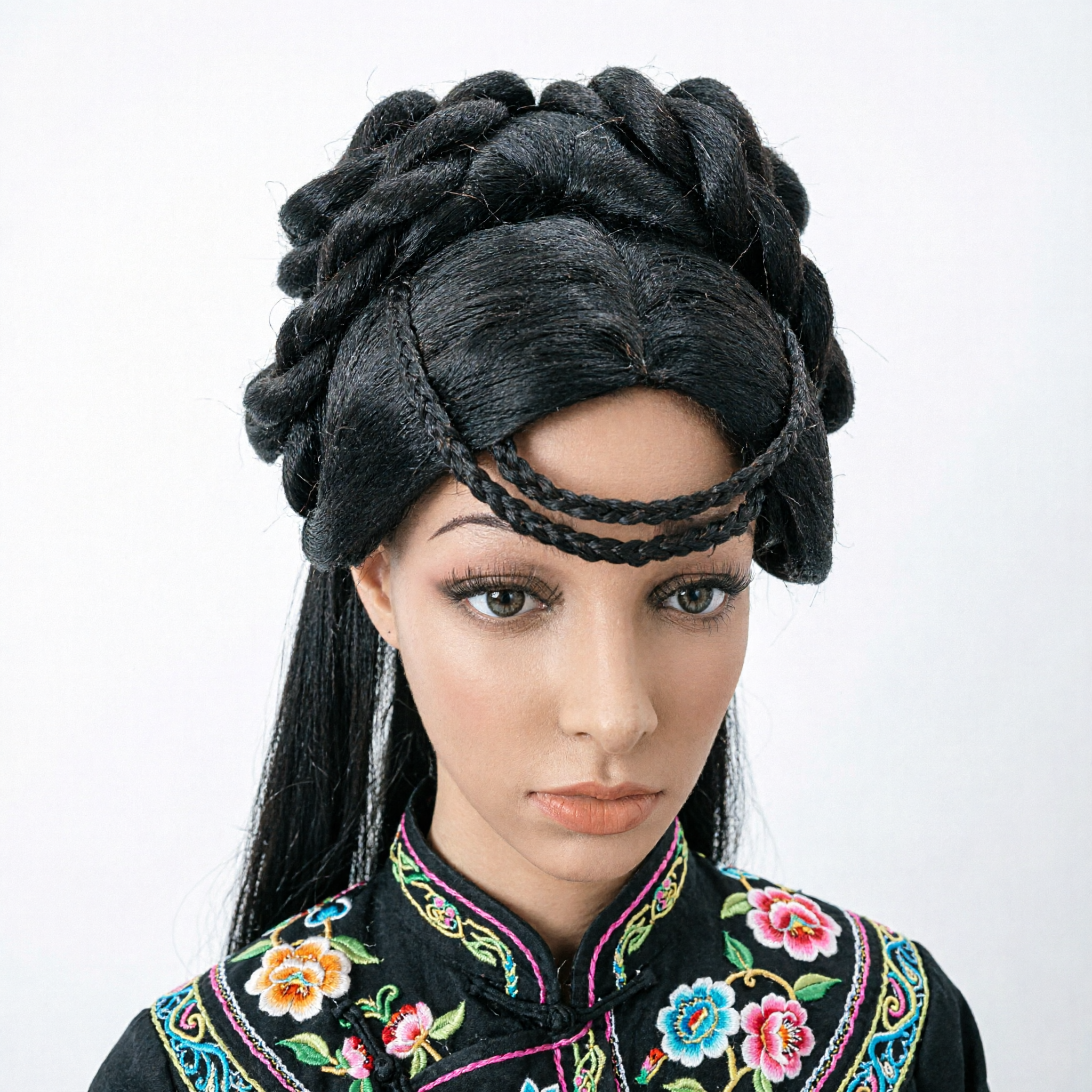 Traditionelle chinesische antike Prinzessin-Perücke Schwarzer geflochtener Hochsteckfrisur-Haarschmuck für Hanfu-Cosplay und Bühnenauftritt - Asian Costume