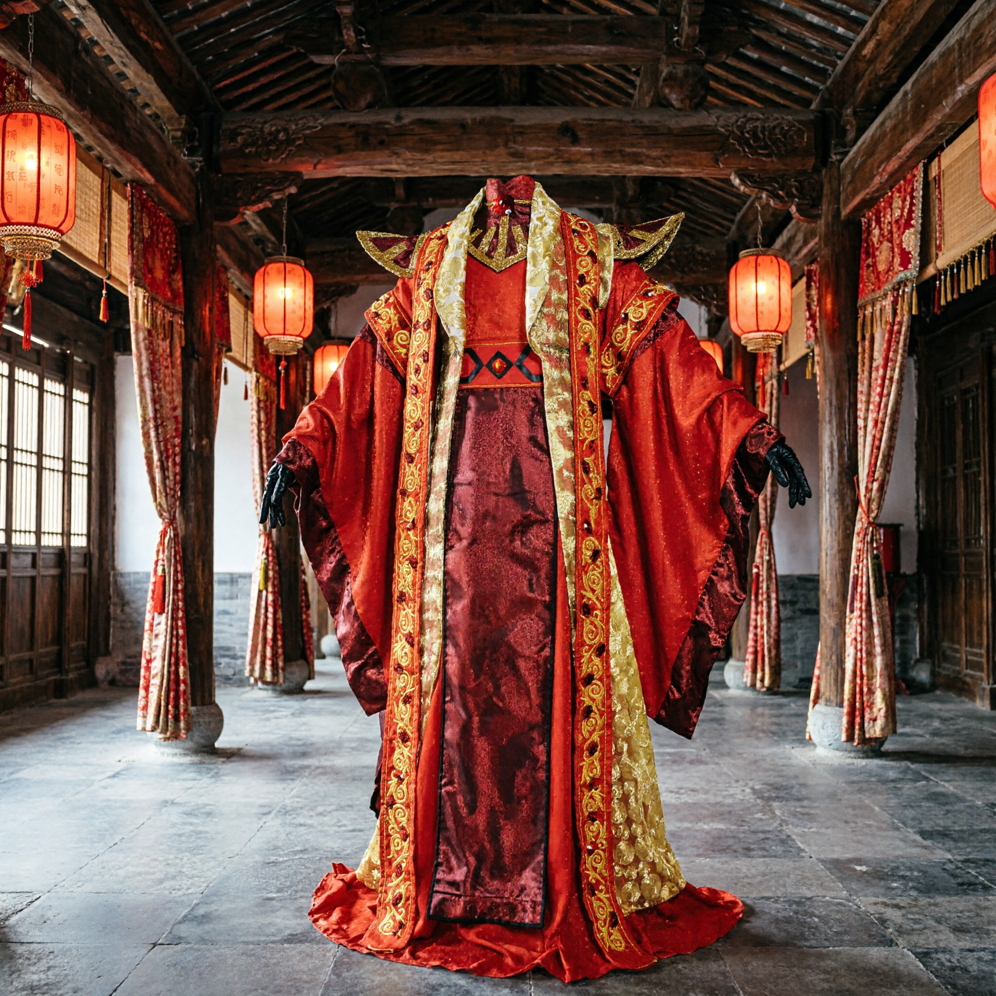 Herren-Traditionelles chinesisches Rot-Gewand-Kostüm Gold-bestickter Fantasie-Umhang für Cosplay und Bühnenauftritt - Asian Costume