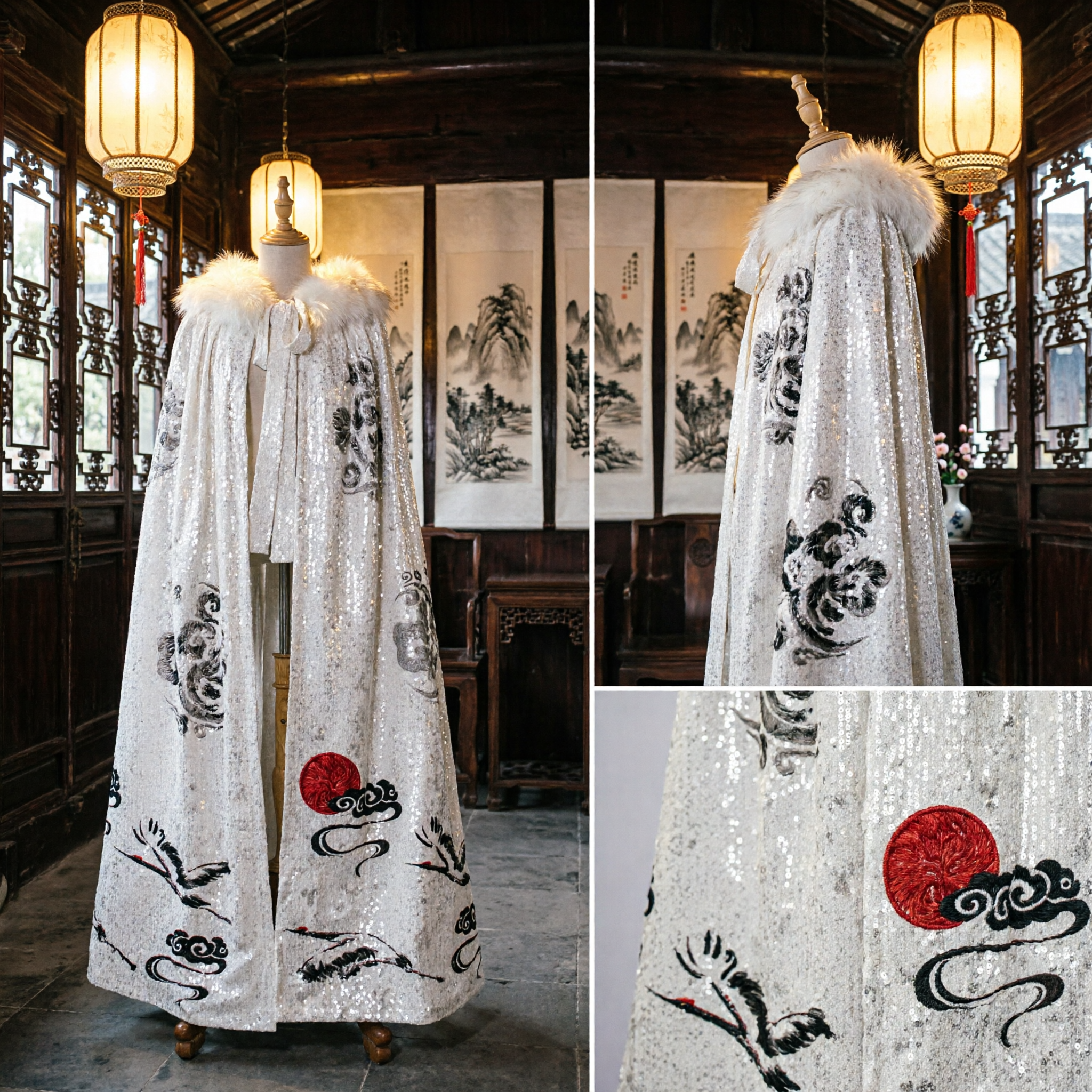 Cape Hanfu Blanche Chinoise Traditionnelle avec Col en Fourrure et Motif de Grue à l'Encre pour Spectacle sur Scène - Asian Costume
