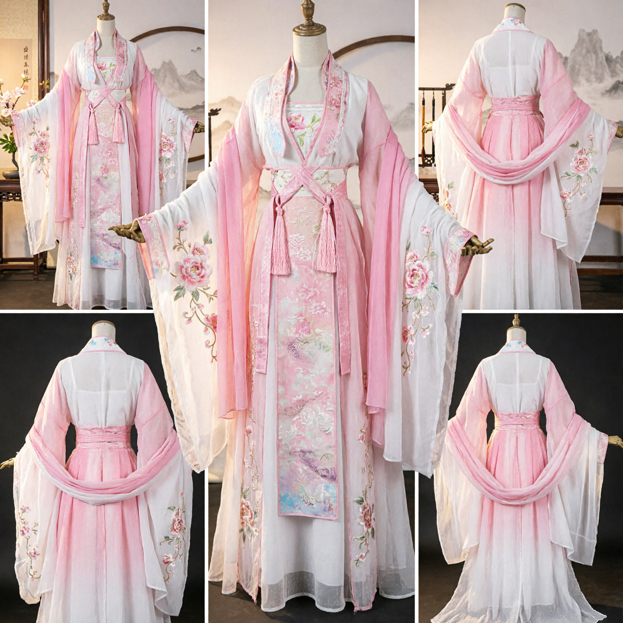 Traje Hanfu Tradicional Chinês Elegante Rosa e Branco Vestido Antigo Bordado para Performance de Cosplay de Mulheres - Asian Costume
