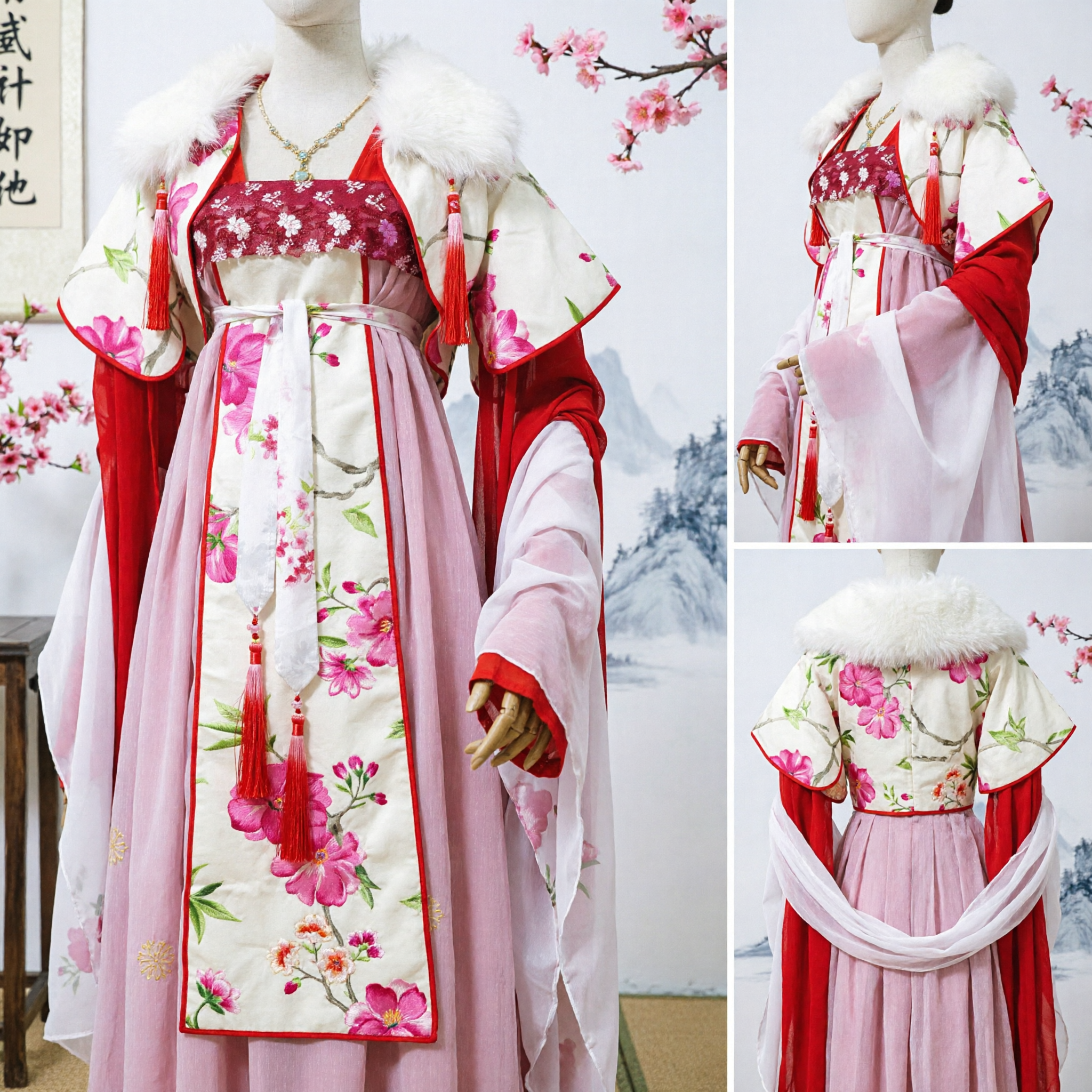 Tradizionale Costume Hanfu da Principessa Cinese Rosso Floreale Antico Abito con Collo di Pelliccia per Cosplay Donne - Asian Costume