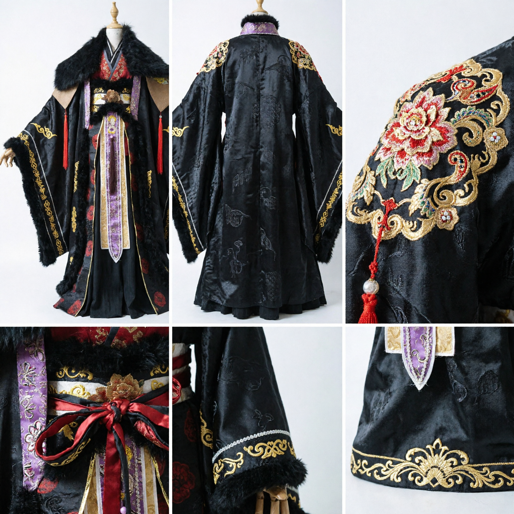 Traditional Ancient Chinese Black Hanfu Costume with Fur Collar and Gold Embroidery for Men Cosplay - Asian Costume