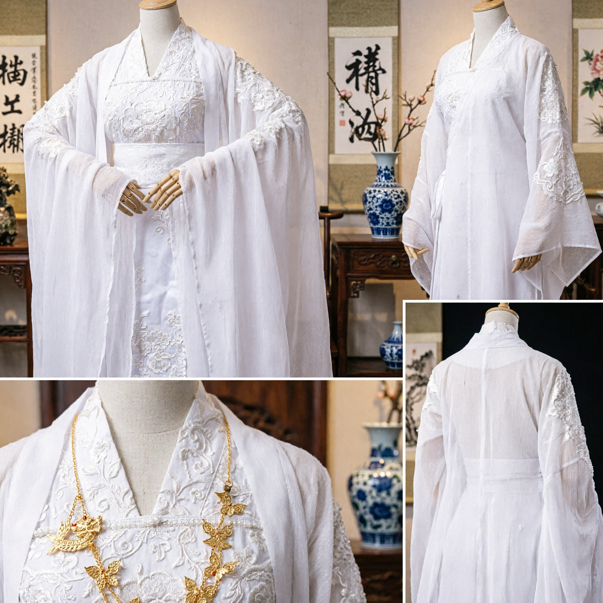 Hanfu Chinês Tradicional Branco, Vestido de Fada Antigo Feminino Bordado para Cosplay de Espadachim - Asian Costume