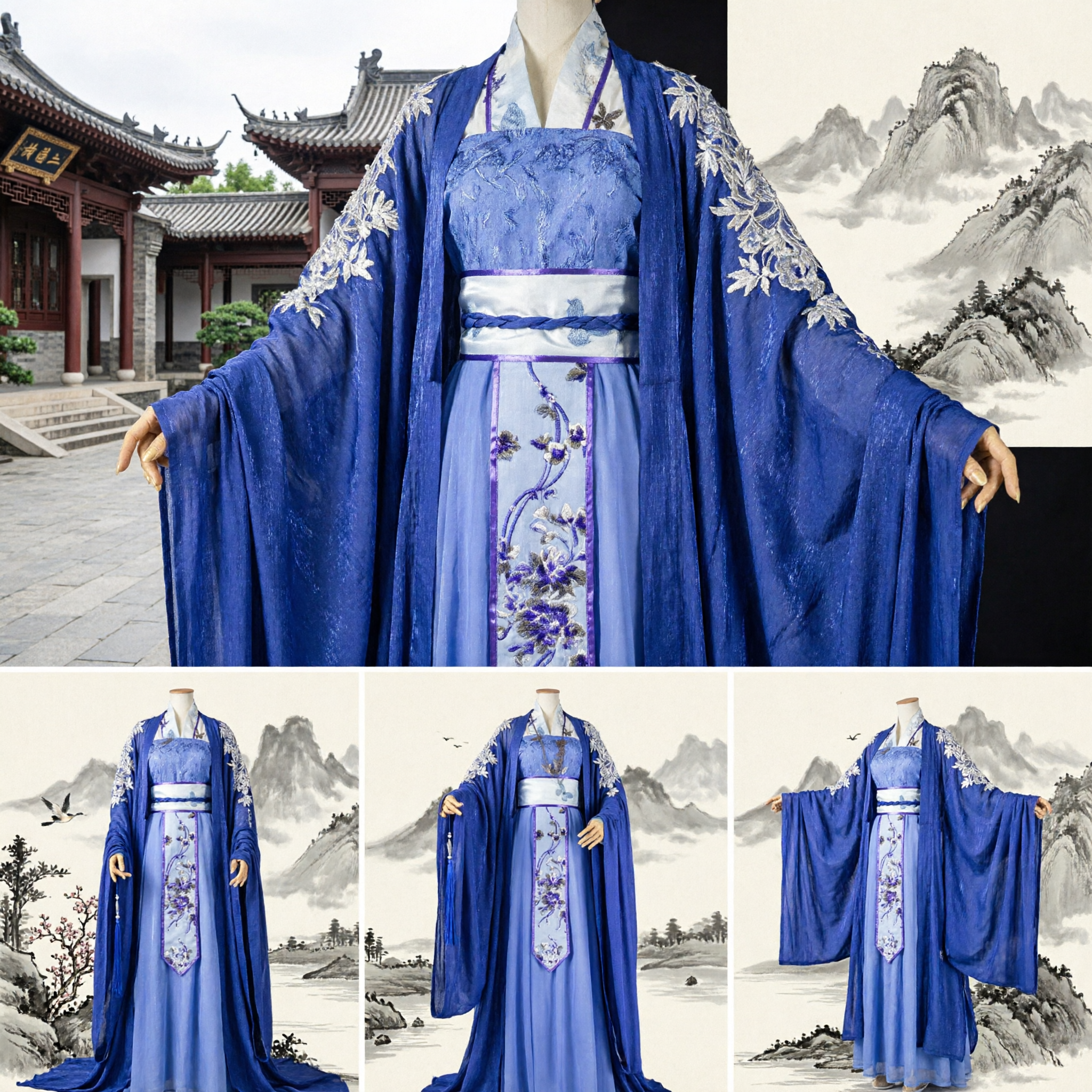 Vestido Azul Hanfu Chinês Tradicional, Traje de Princesa Antigo com Bordado Floral para Cosplay Feminino - Asian Costume