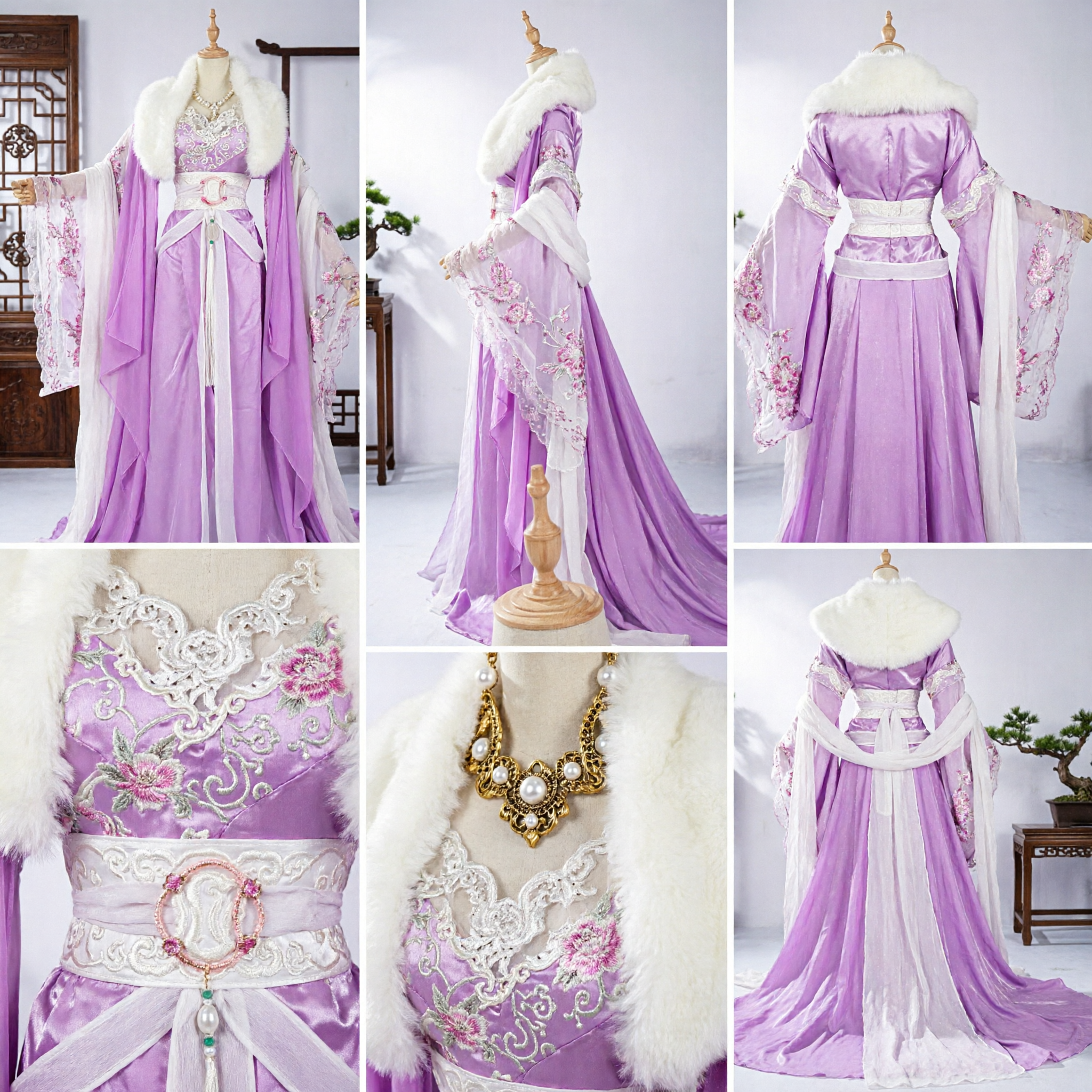 Elegante costume da principessa antico tradizionale Hanfu cinese viola con collo in pelliccia bianca per donne per cosplay - Asian Costume