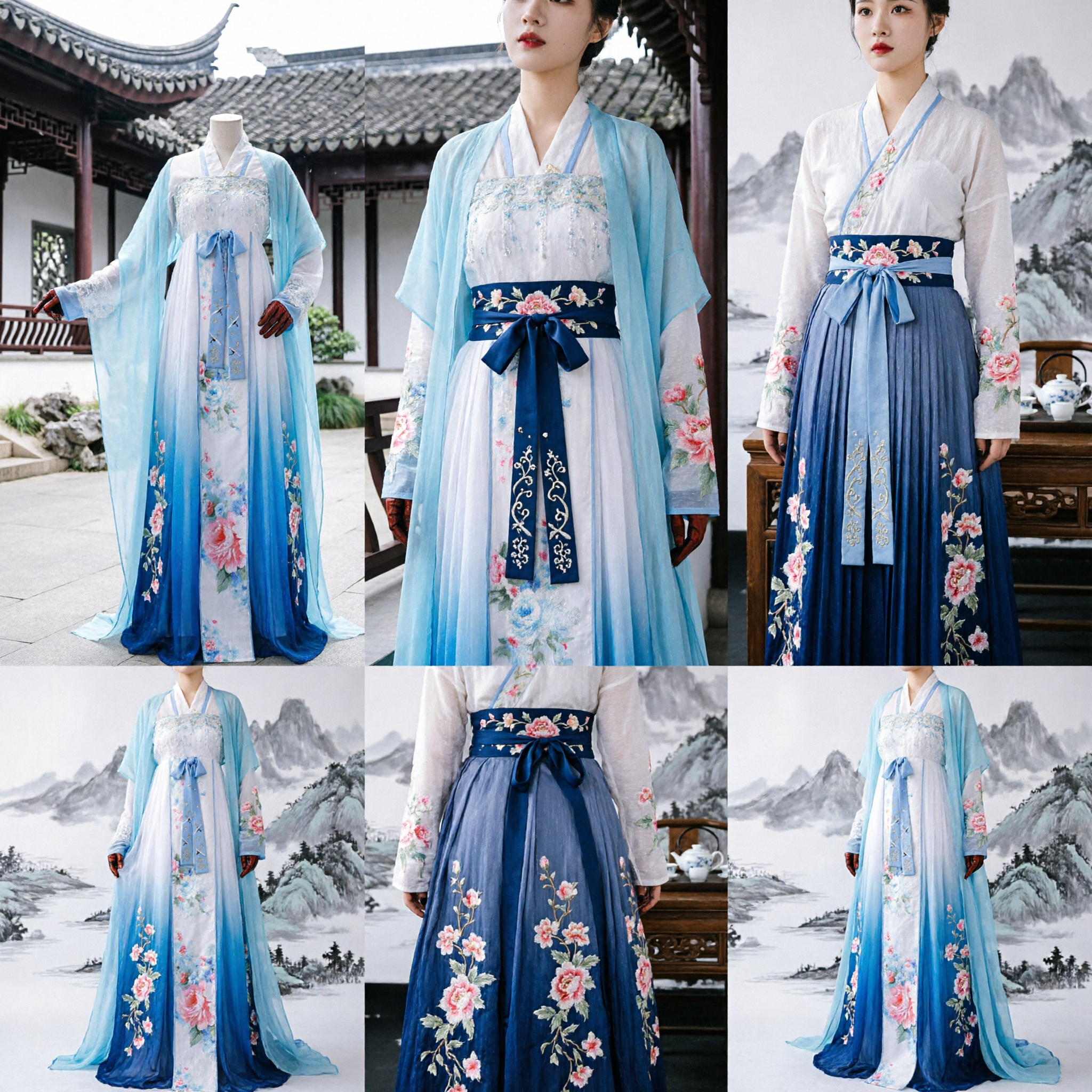 Women's Blue Traditional Chinese Hanfu Tang Dynasty Ancient Costume Embroidered Fairy Dress for Cosplay and Dance - Asian Costume