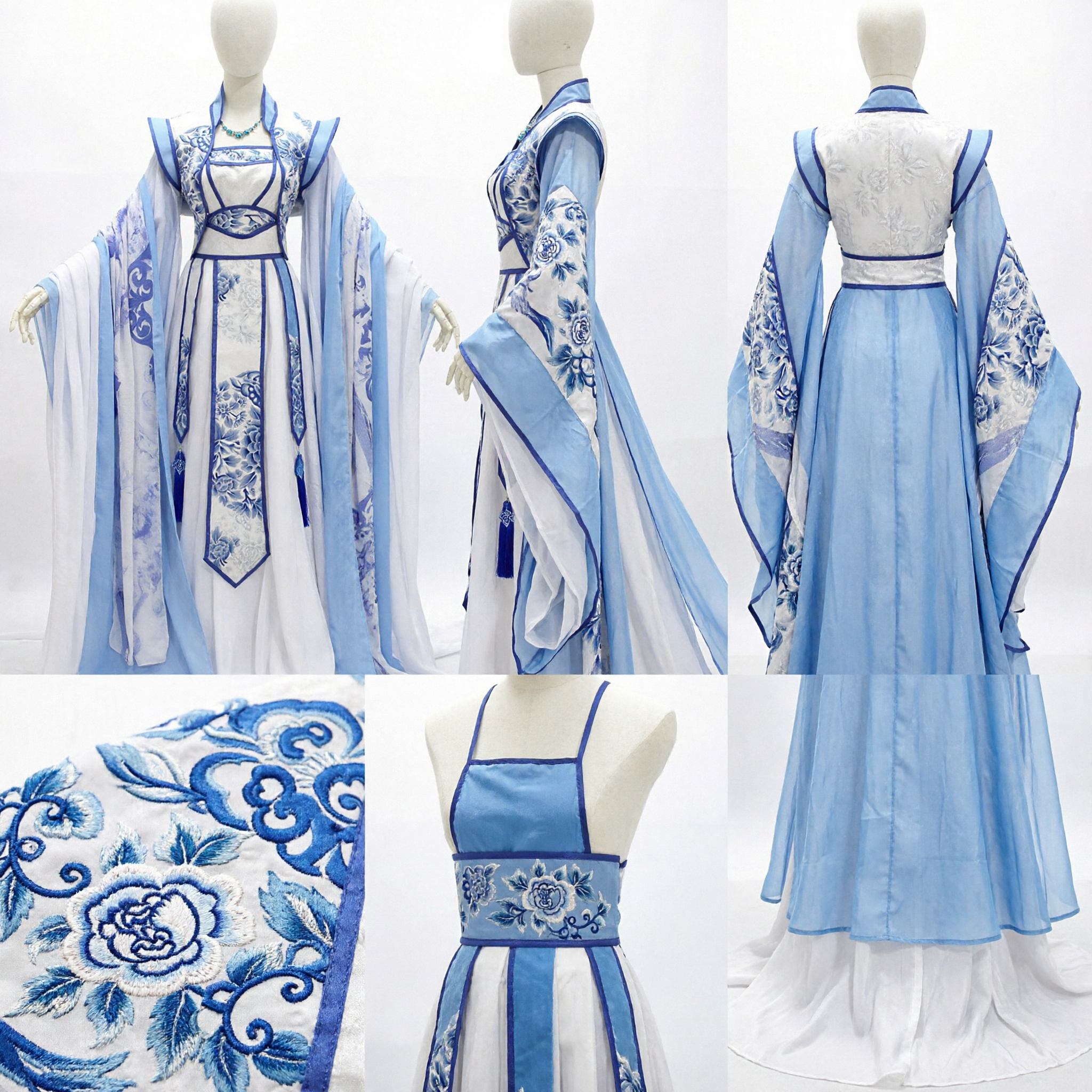 Robe traditionnelle chinoise Hanfu bleue et blanche, costume de princesse ancienne à manches larges pour femmes pour cosplay - Asian Costume