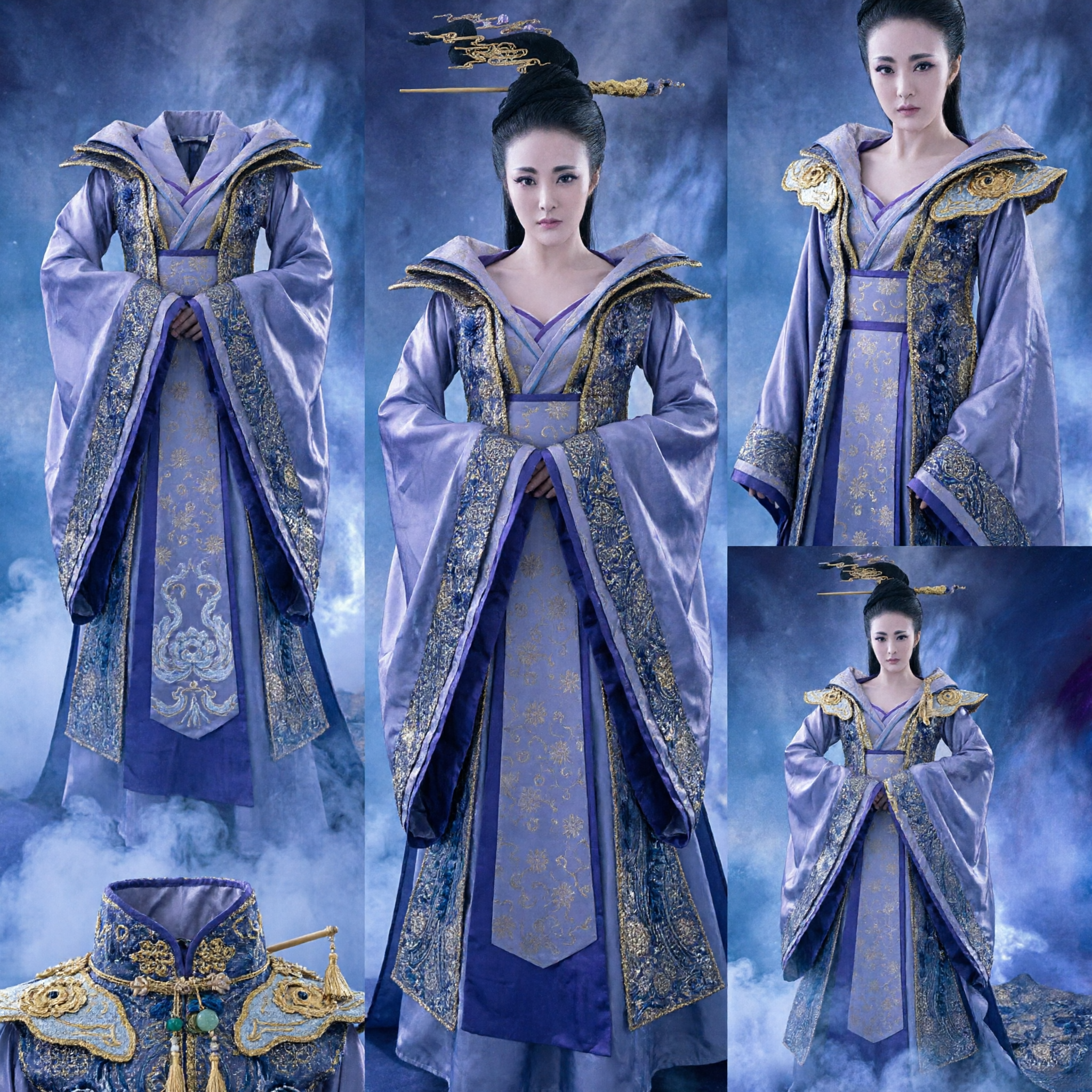 Elegante traje Hanfu de emperatriz china antigua en púrpura con bordados dorados para presentaciones escénicas tradicionales - Asian Costume